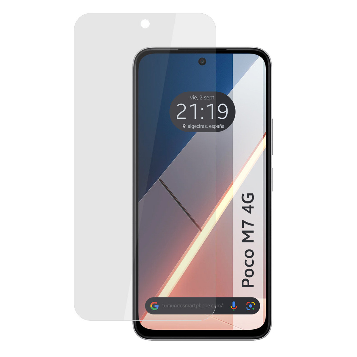 Uno smartphone con protezione schermo. Lo schermo mostra l'ora e il luogo. Il telefono è etichettato Poco M7 4G.