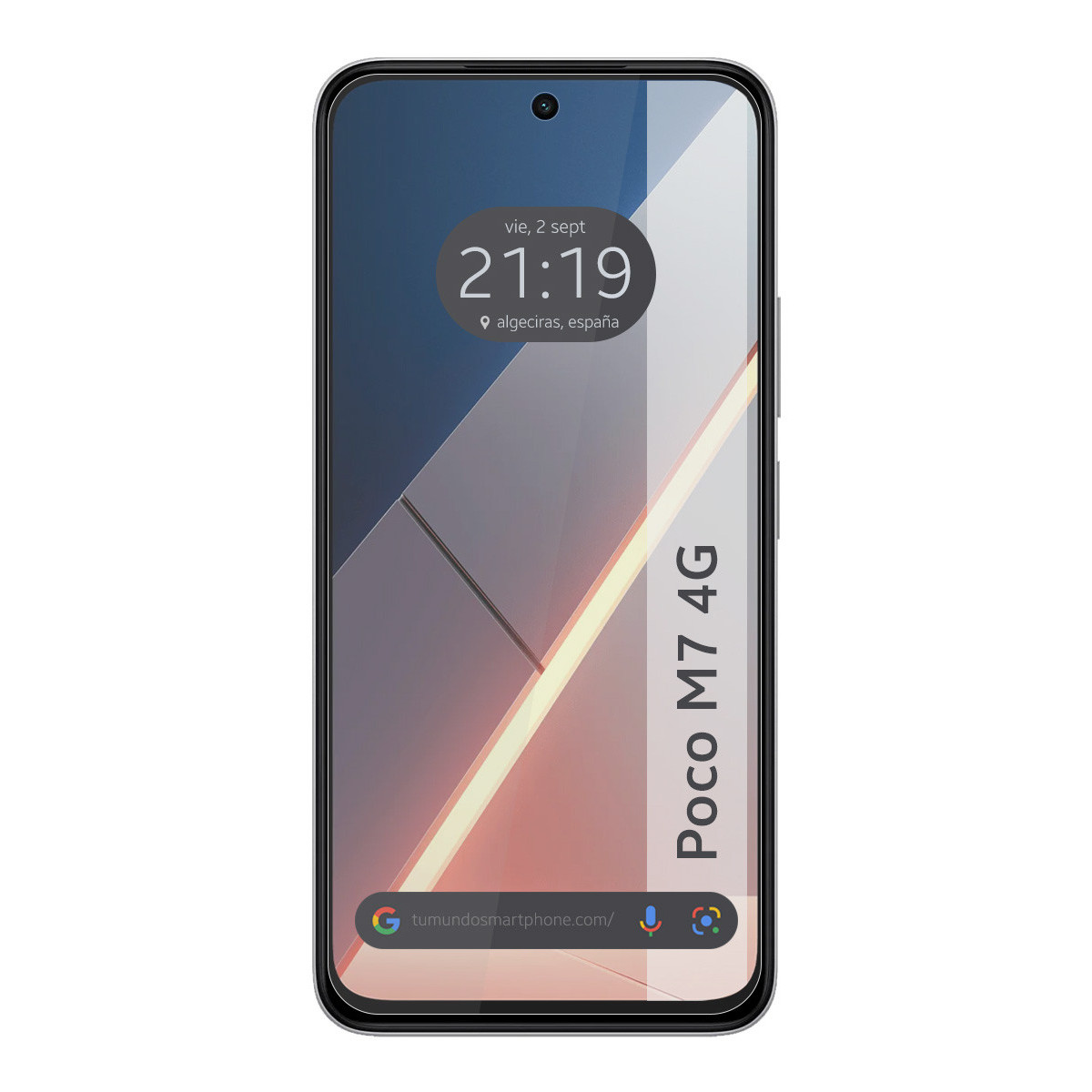 Uno schermo di smartphone mostra l'ora, la data e il luogo. Mostra anche un indirizzo web e il nome del telefono, Poco M7 4G.