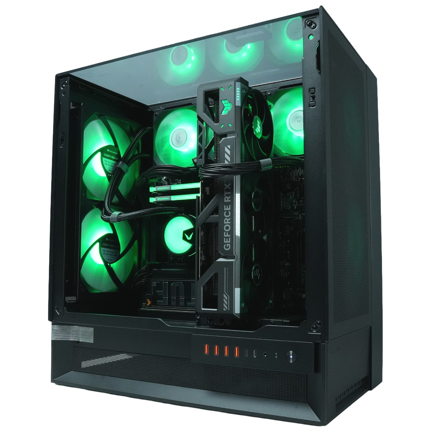Una carcasa de ordenador con luces verdes. Se ven ventiladores y componentes en el interior. La carcasa es negra con un panel lateral de vidrio.