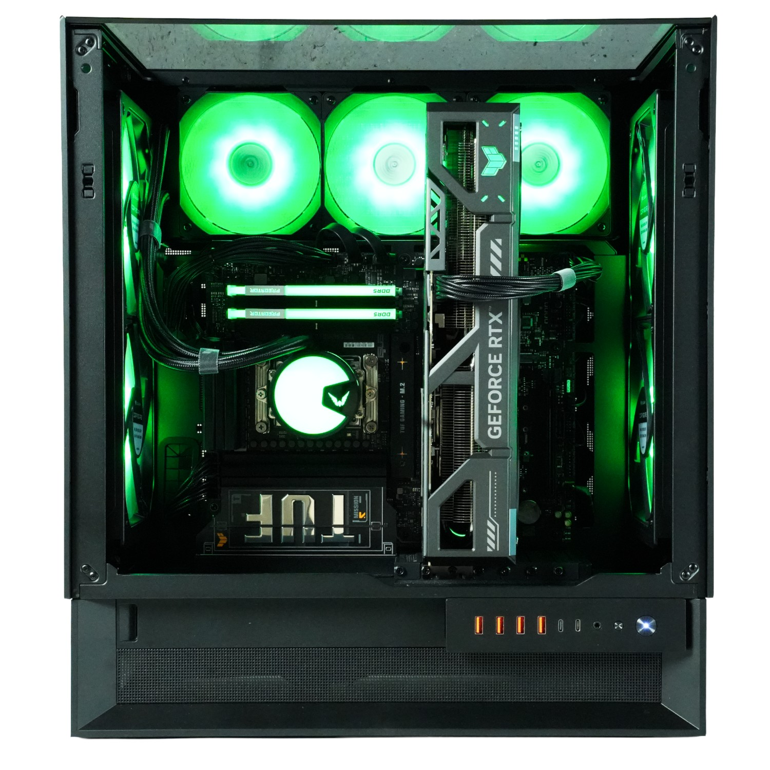 Interior de una caja de ordenador con ventiladores iluminados en verde, una tarjeta gráfica y una placa base. La caja es negra.