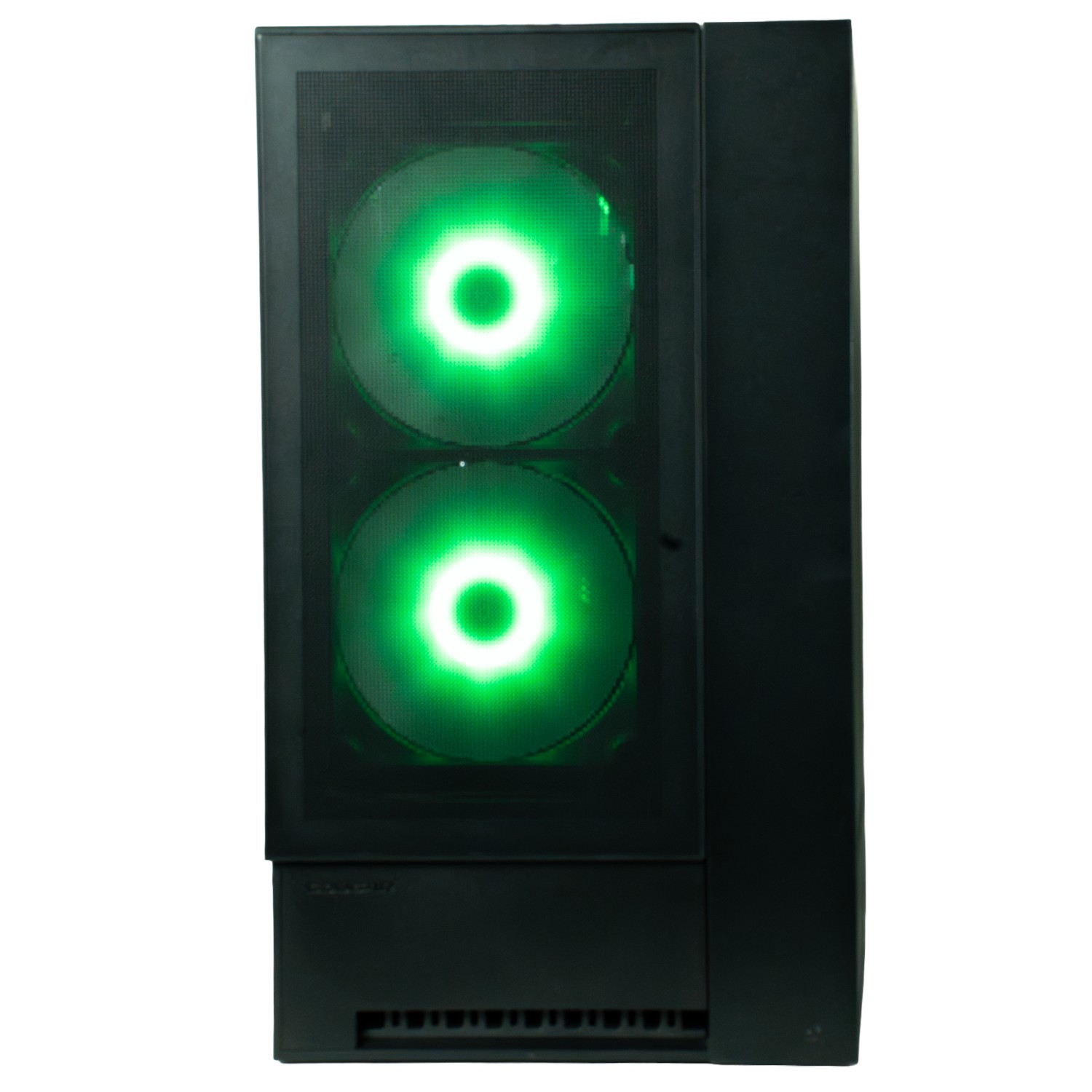 Carcasa de computadora negra con dos ventiladores iluminados en verde. Los ventiladores tienen diseño circular.