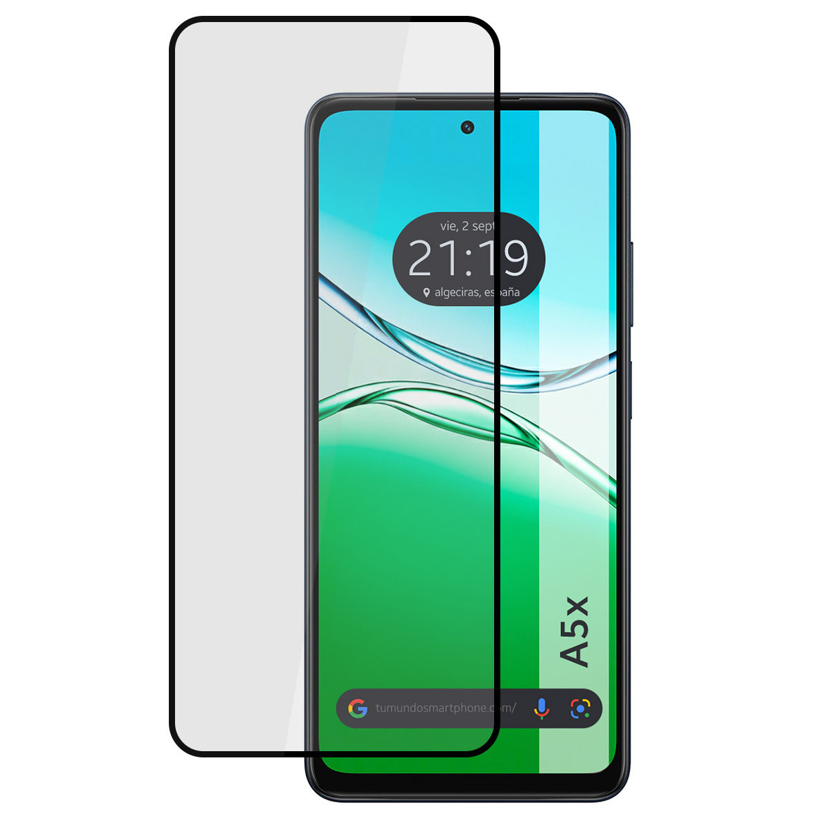 Uno smartphone con protezione schermo. Lo schermo mostra un orologio, onde verdi e blu e il testo A5x. La protezione è a sinistra.