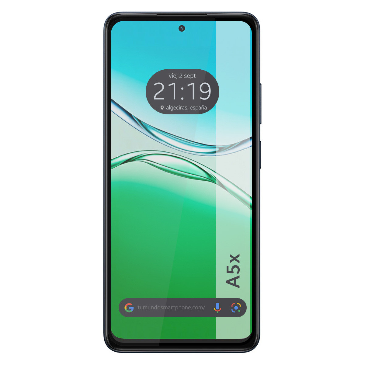 Lo schermo di uno smartphone mostra l'ora, la data e il luogo. Il telefono è nero, con uno sfondo sfumato verde e blu.