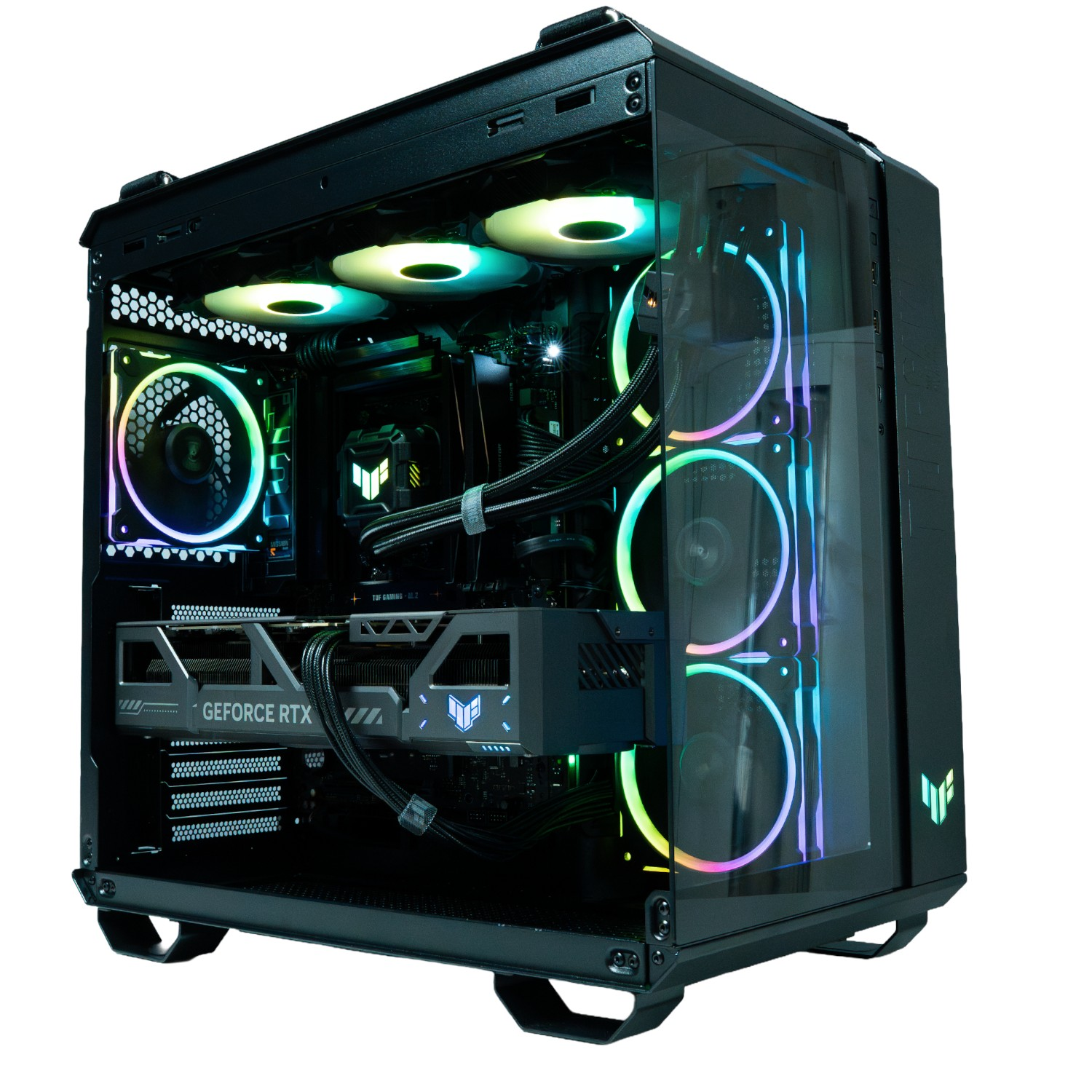 Una carcasa de PC negra con panel lateral transparente, que muestra componentes internos y ventiladores LED coloridos. Se ve una tarjeta gráfica GeForce RTX.