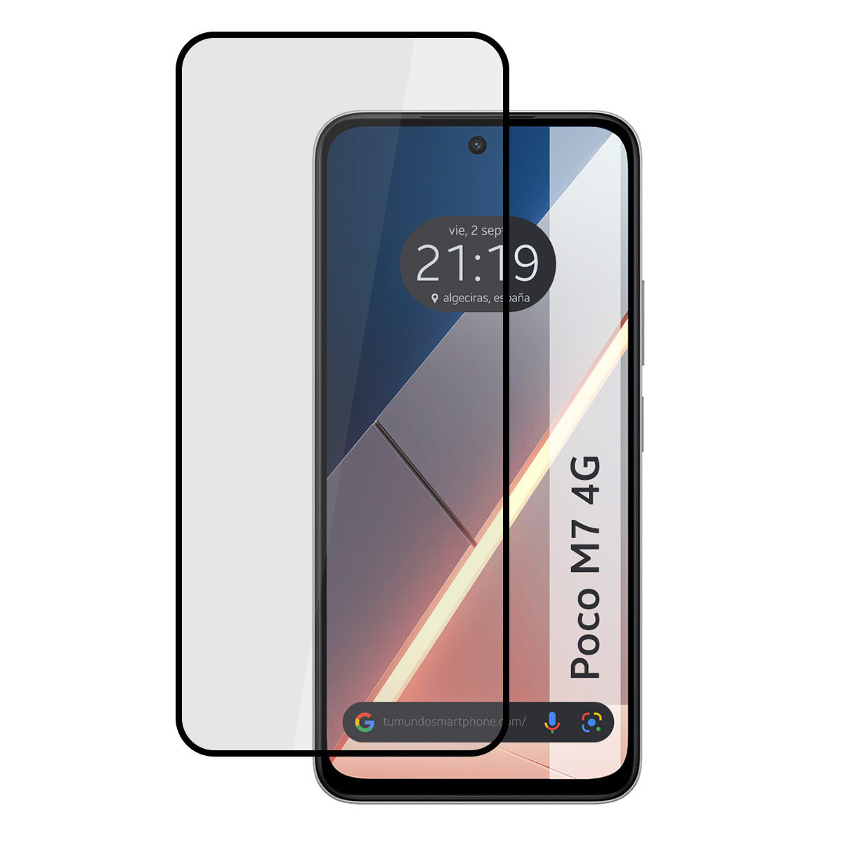 Un telefono con protezione schermo. Lo schermo mostra l'ora e la data, con il nome del modello 'Poco M7 4G'.