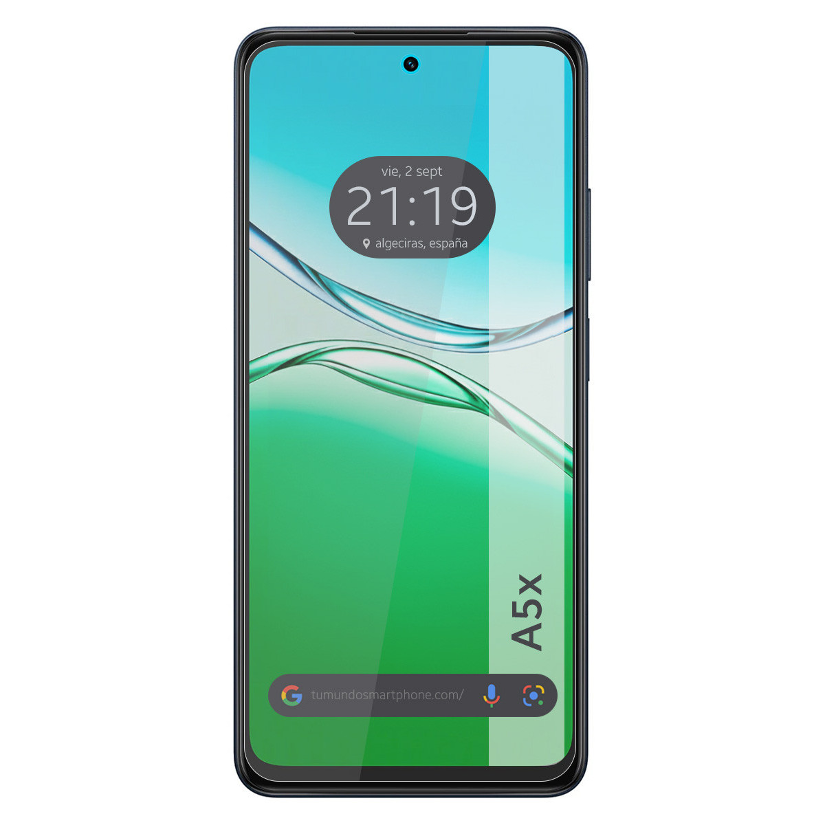 Lo schermo di uno smartphone mostra l'ora, la data e il luogo. Il telefono ha uno sfondo sfumato verde e blu. A5x è scritto verticalmente.