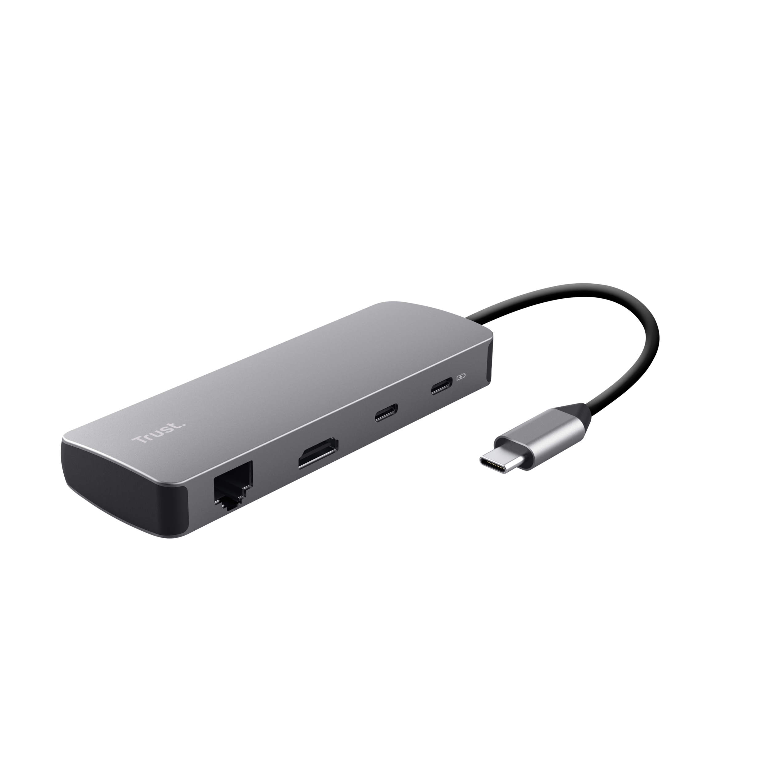 Een zilveren Trust USB-C hub met meerdere poorten en een aangesloten USB-C kabel, op een zwarte achtergrond.