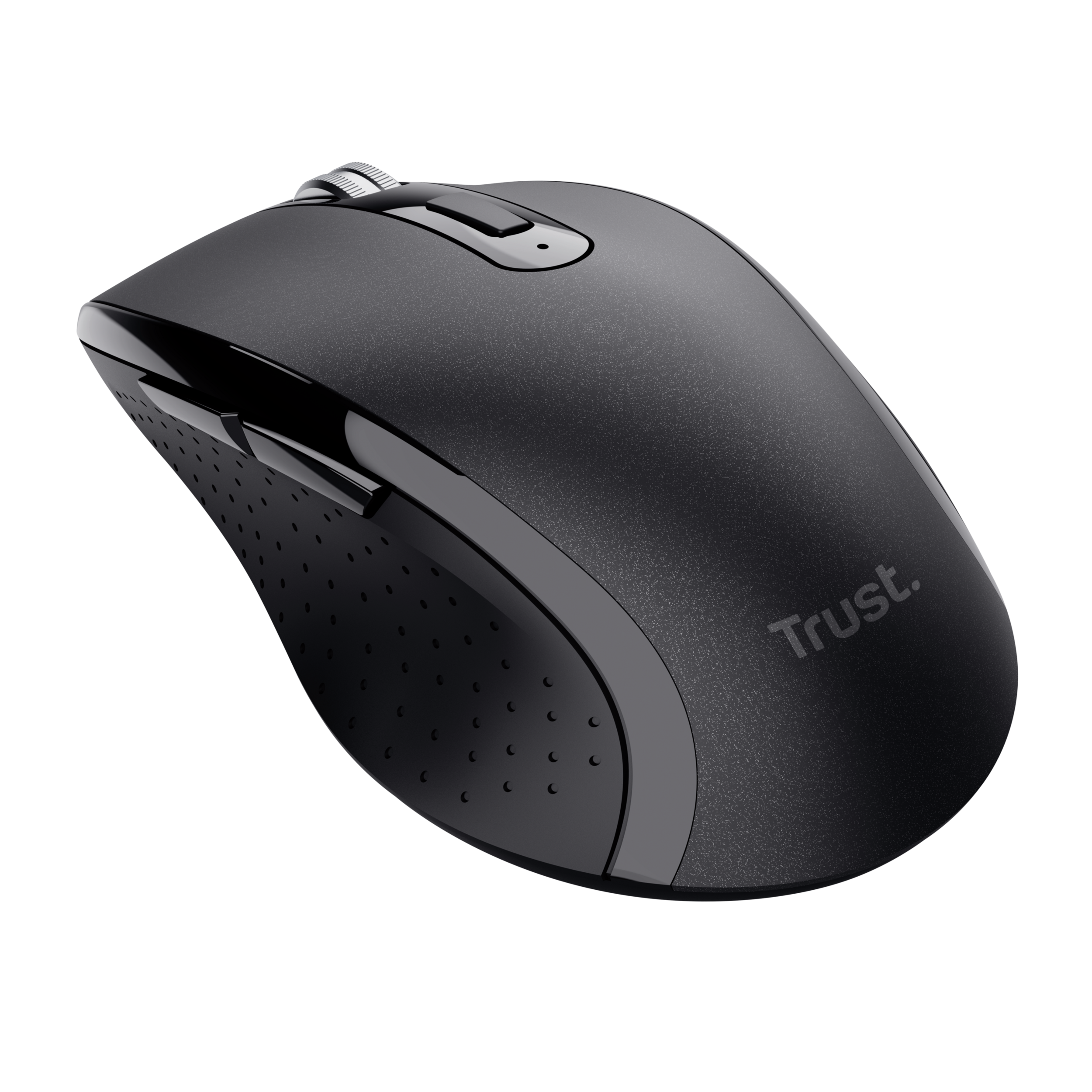 Czarna mysz komputerowa z marką 'Trust' na czarnym tle.