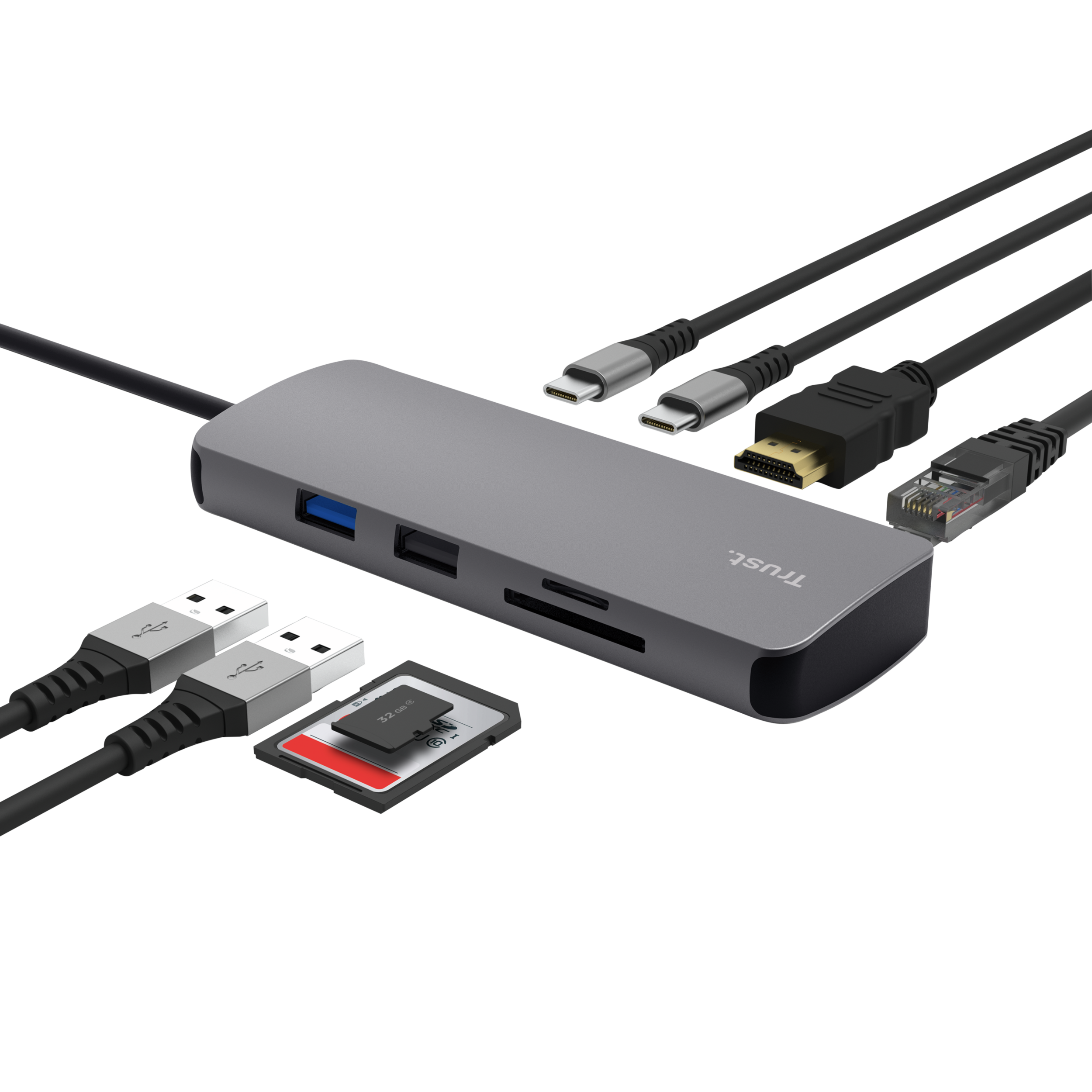 Een grijze USB-hub met diverse poorten en kabels, waaronder USB, HDMI en Ethernet, met een geheugenkaart en USB-kabels.