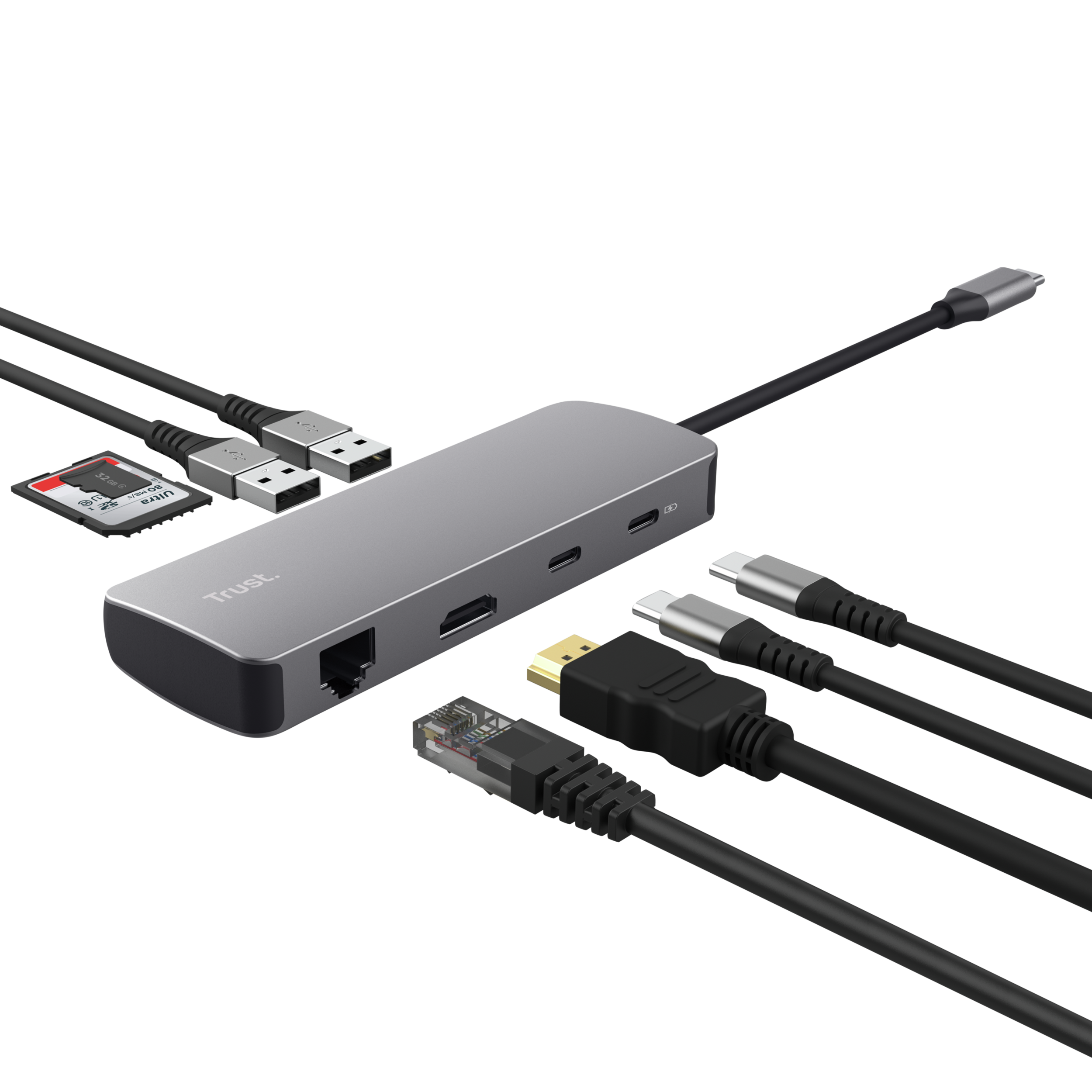 Een zilveren USB-hub met diverse poorten, kabels en een SD-kaart op een zwarte achtergrond.