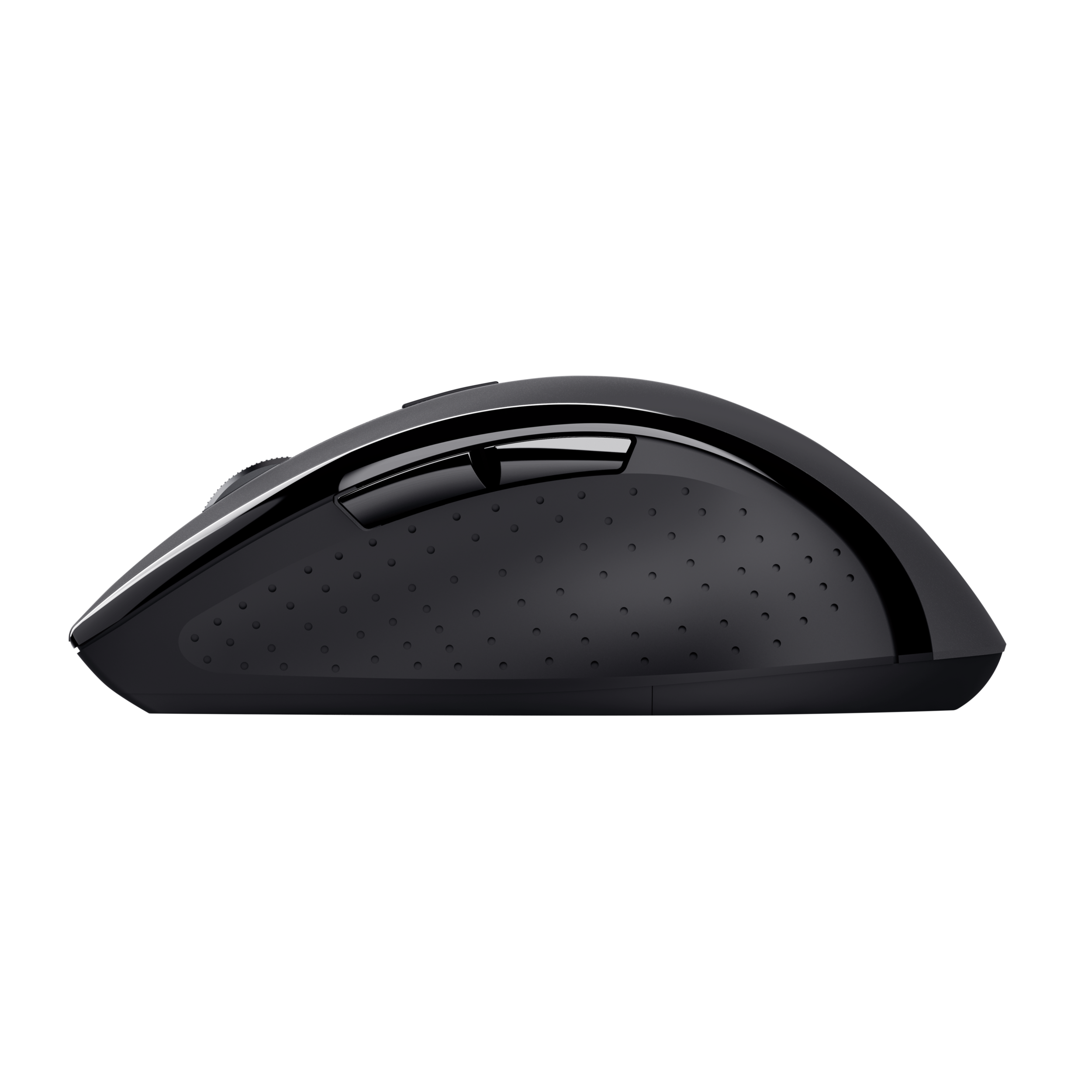 Widok z boku czarnej myszy komputerowej. Ma zakrzywioną konstrukcję i teksturowaną powierzchnię.