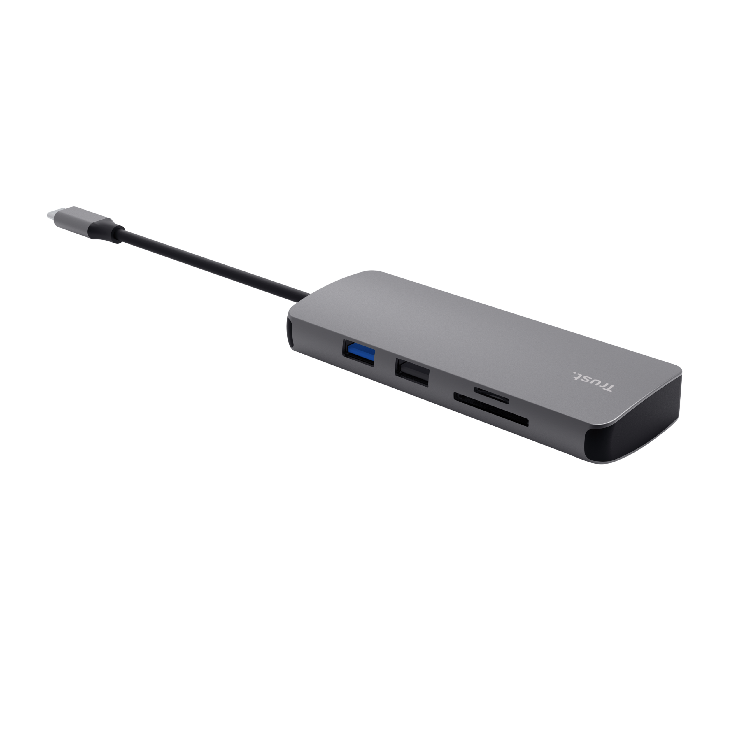 Een grijze USB-hub met een zwarte kabel. Het heeft meerdere poorten en het merk 'TRUST' is zichtbaar.