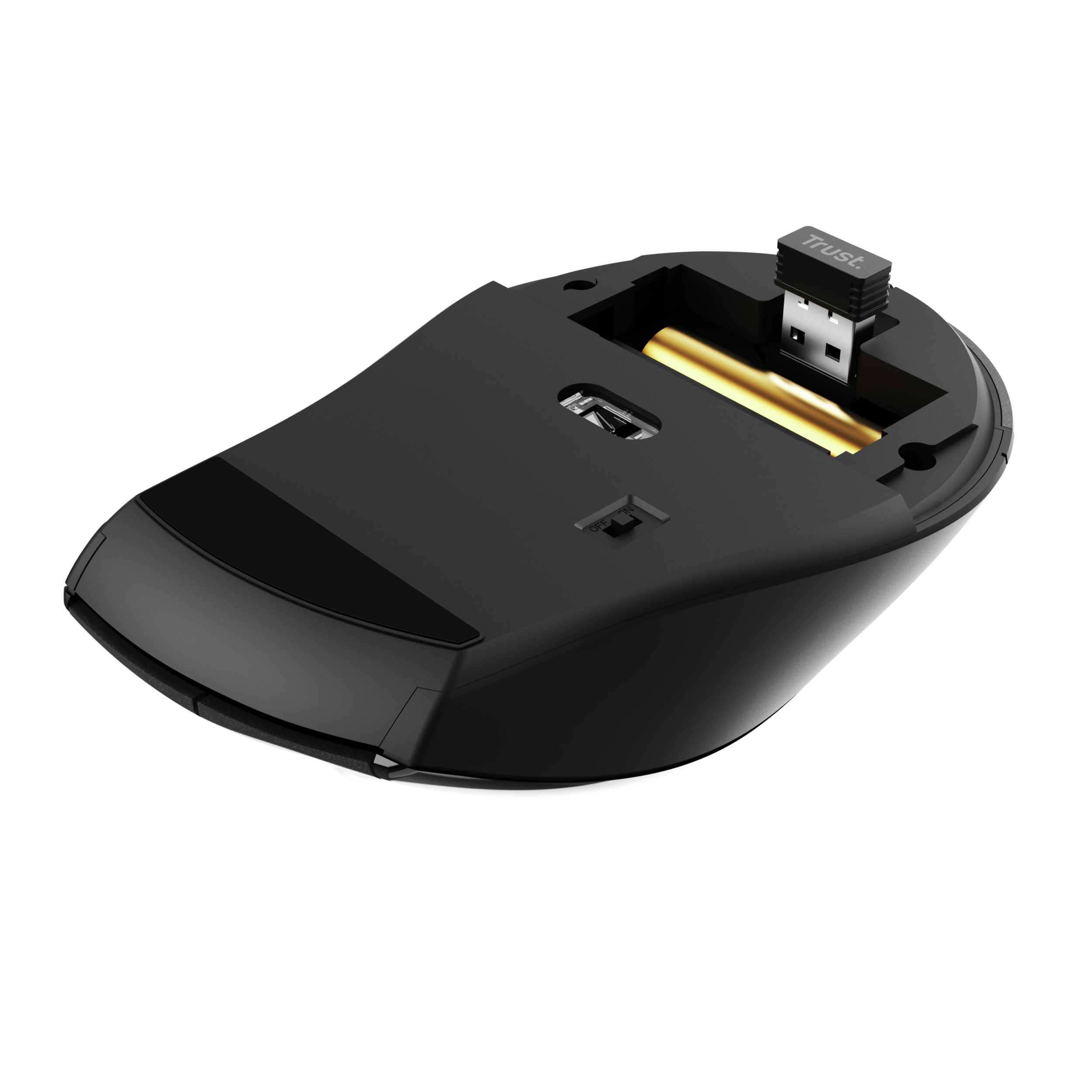 Czarna mysz komputerowa z odbiornikiem USB i przegródką na baterie, ze złotą baterią.
