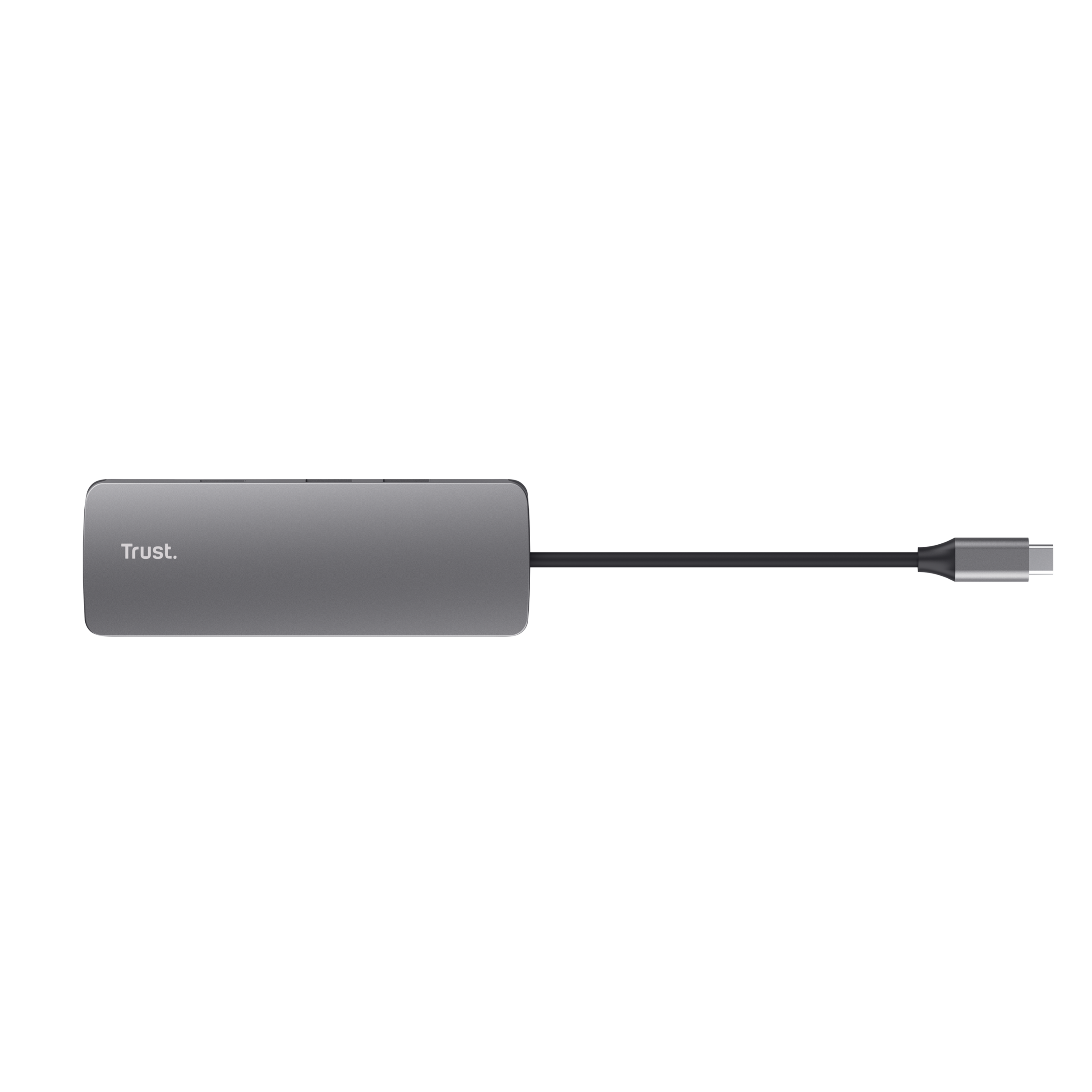 Een grijze Trust USB-C hub met een zwarte kabel tegen een zwarte achtergrond. De hub heeft een USB-C-connector.