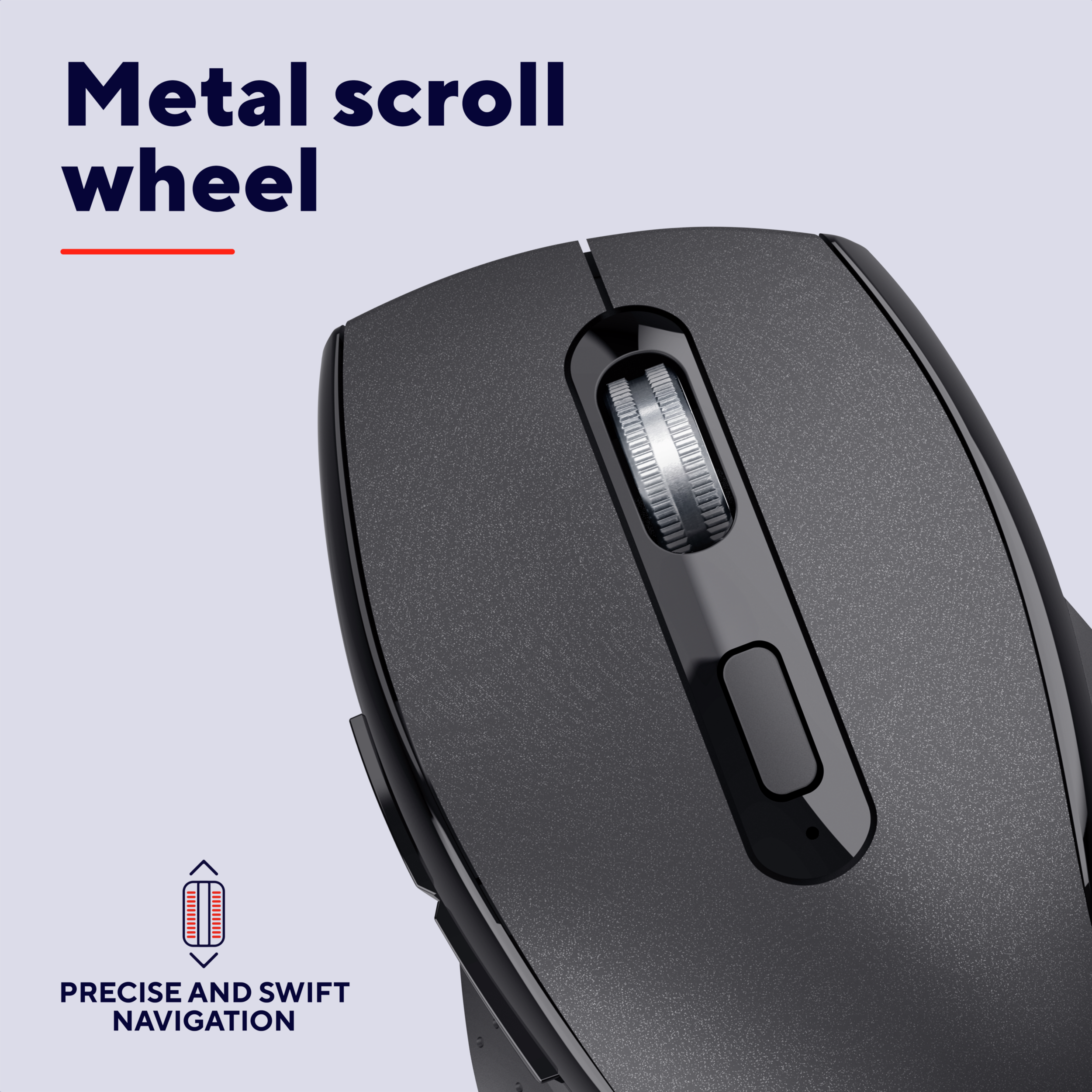 Zbliżenie czarnej myszy komputerowej z metalowym kółkiem przewijania. Tekst mówi 'Metal scroll wheel' i 'Precise and swift navigation'.
