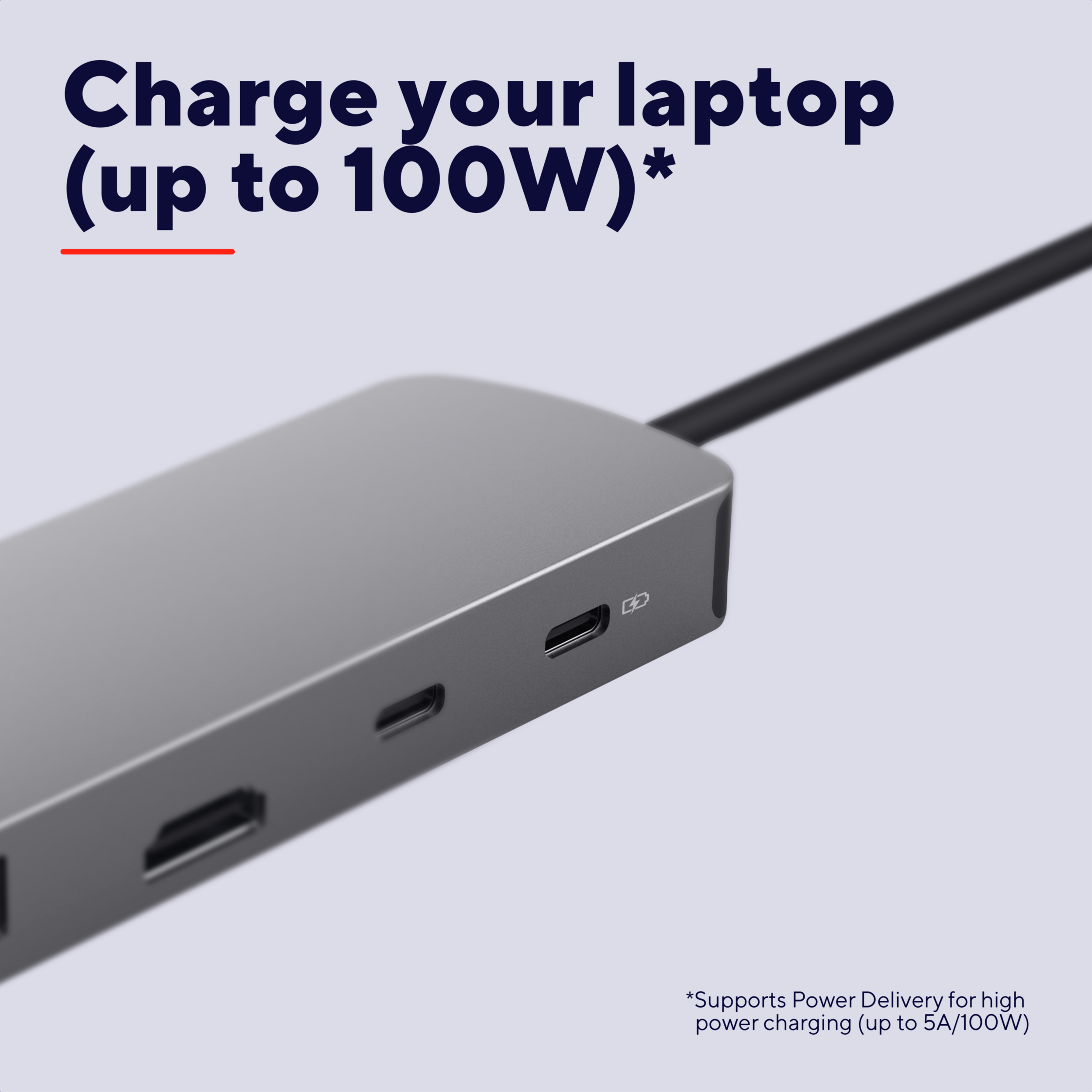 Een grijze laptop oplaad hub. Tekst: 'Laad je laptop op (tot 100W)'. Inclusief oplaadpoorten.