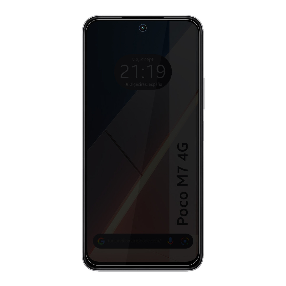 Uno schermo di smartphone che mostra ora, data e posizione. Il telefono ha uno schermo nero con Poco M7 4G scritto sopra.