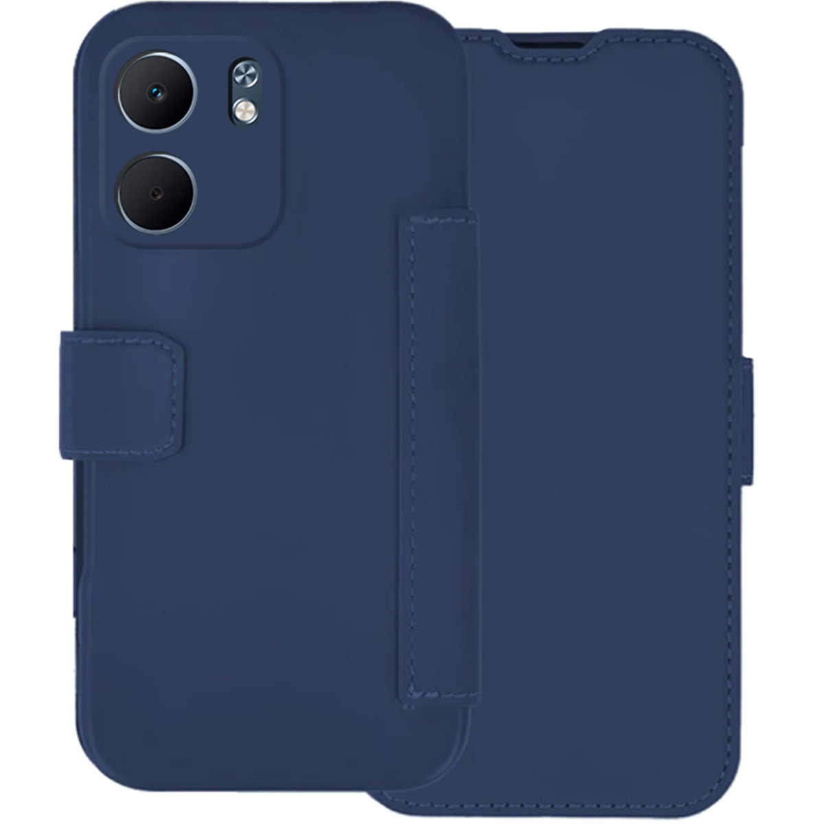 Una custodia per telefono blu navy in stile portafoglio. La custodia ha due ritagli per la fotocamera, una chiusura magnetica e uno slot per schede.