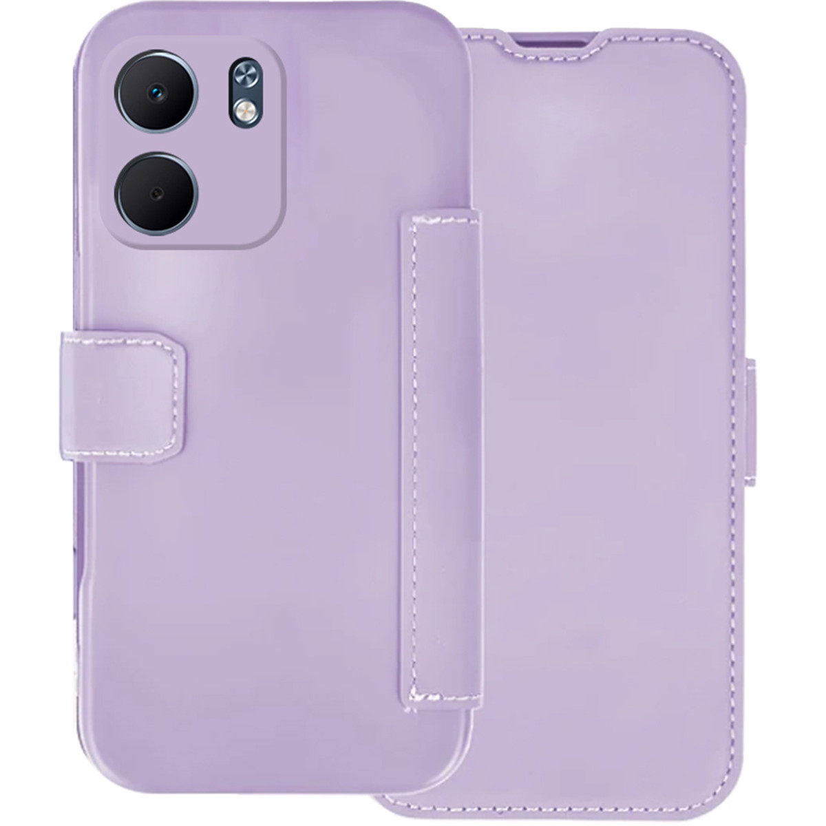 Una custodia per telefono color lavanda, aperta. Ha un ritaglio per la fotocamera e un fermaglio. Lo sfondo è una superficie liscia.