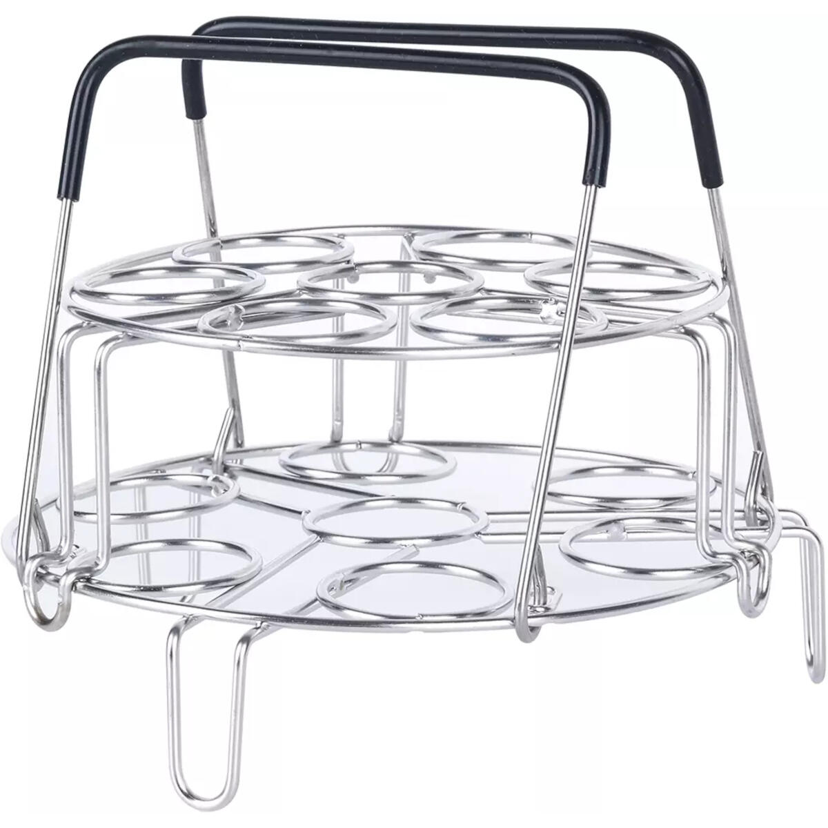 A stainless steel egg rack with black handles. It has two tiers of circular holders for eggs, with supporting legs.