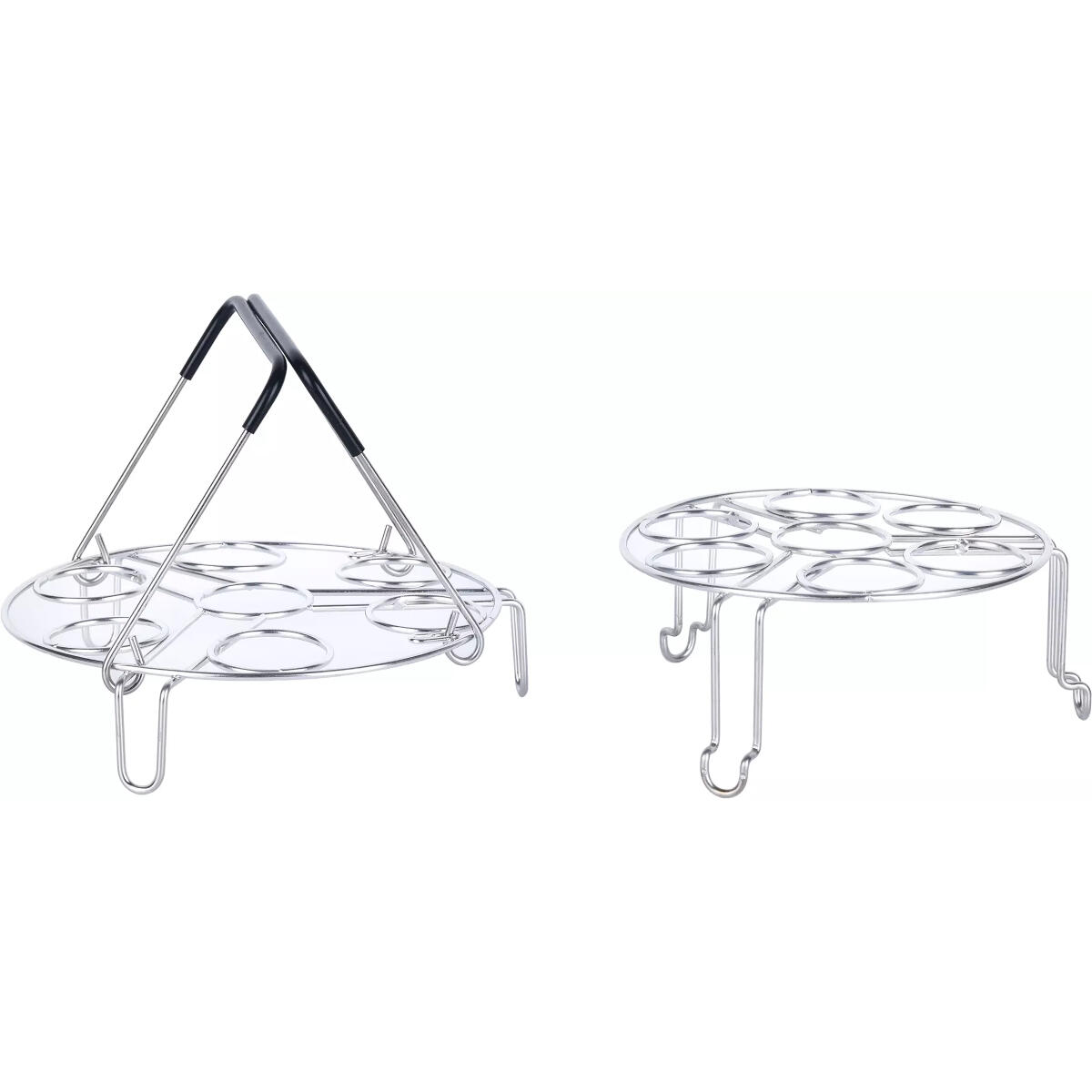Two stainless steel egg steamer racks. One has a handle, and the other is a simple rack. Both have circular egg holders.