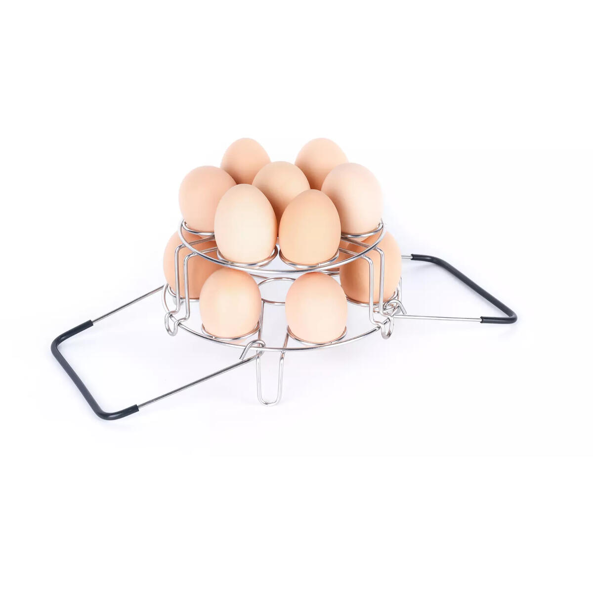 A metal egg rack with 12 light brown eggs sits on a white surface. The rack has black handles.