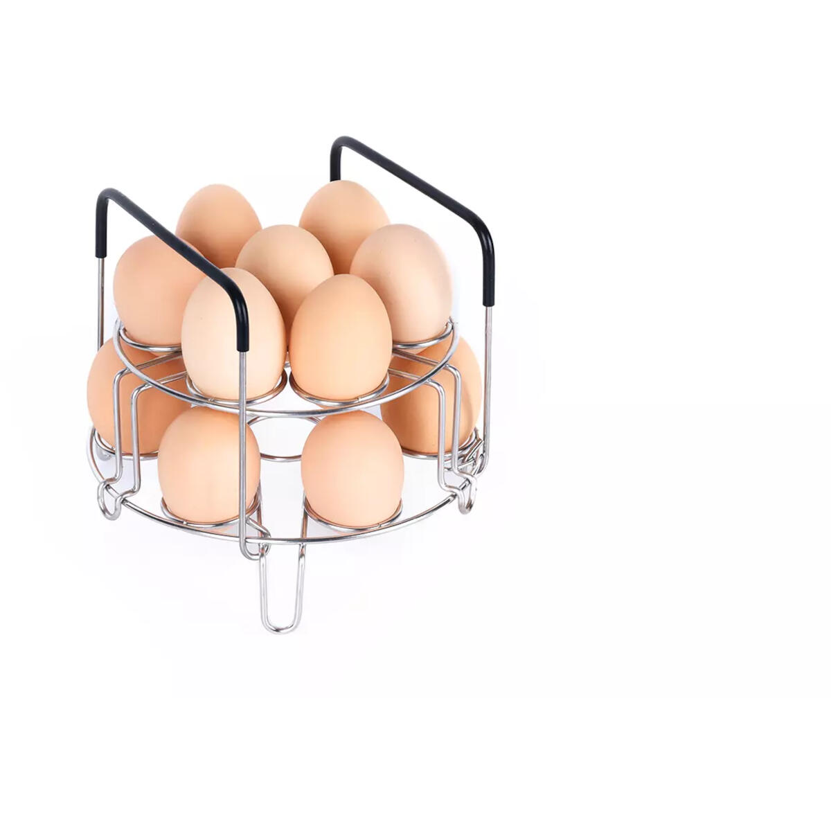 A metal egg holder with brown eggs. The holder has two levels and a black handle. The background is white.