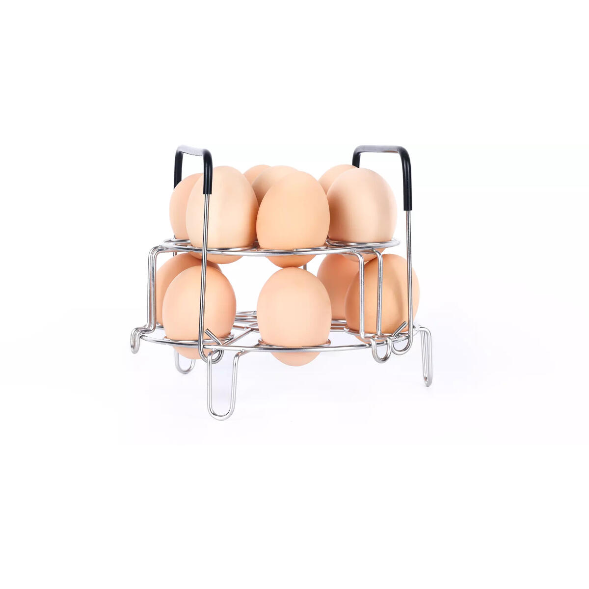 A metal egg holder with two tiers, holding ten brown eggs. Black handles. White background.