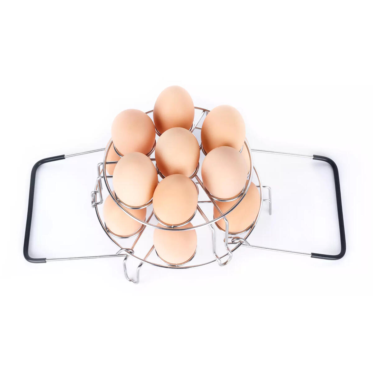 Ten brown eggs are in a stainless steel egg rack. Black handles are on the sides. White background.