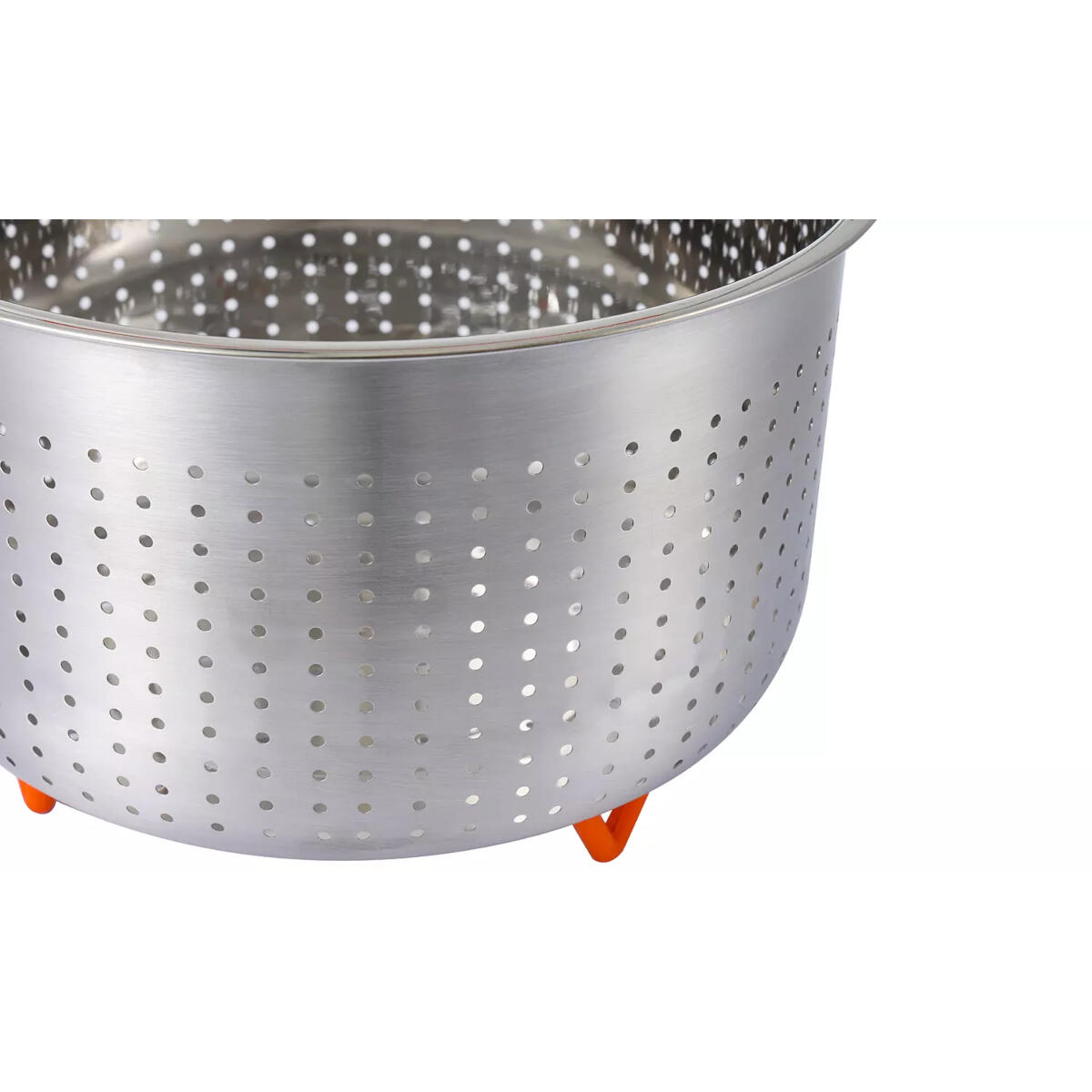 A metal colander with many holes. It has orange feet and a silver color. The background is plain white.