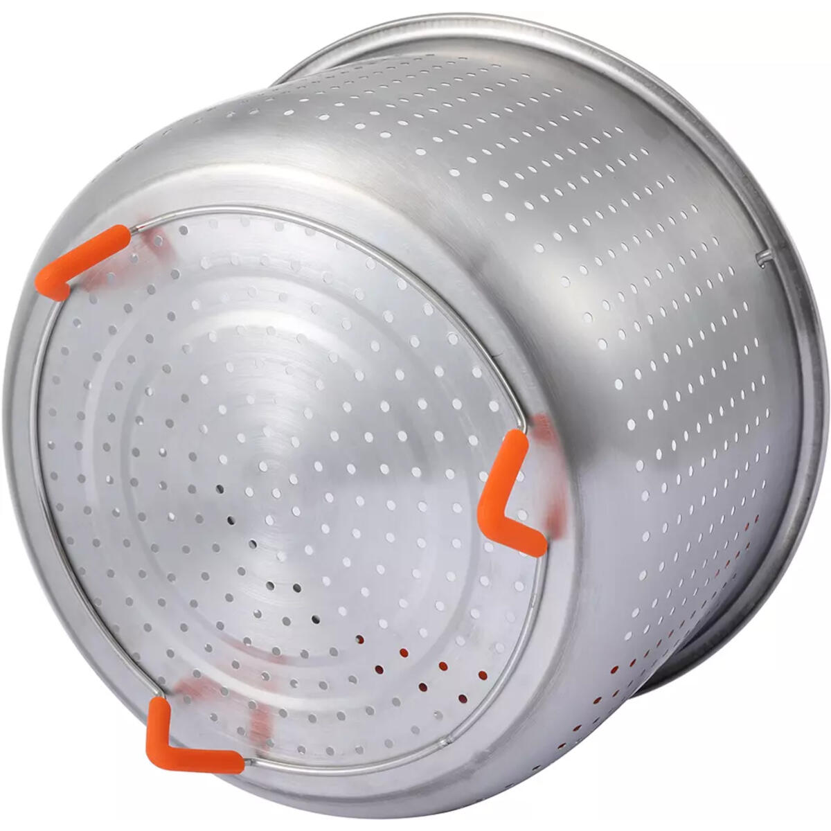 A metal colander with many holes. It has orange handles and is tilted to show the interior. The surface is shiny.