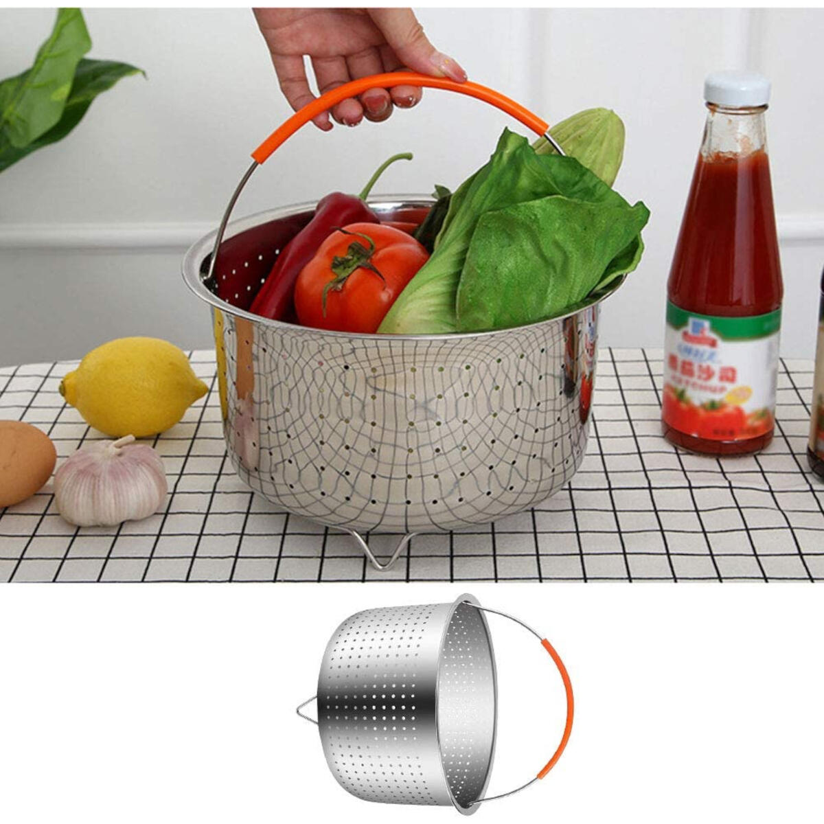 A hand holds a colander with vegetables. Tomatoes, lettuce, and pepper are inside. A bottle of sauce is to the right.