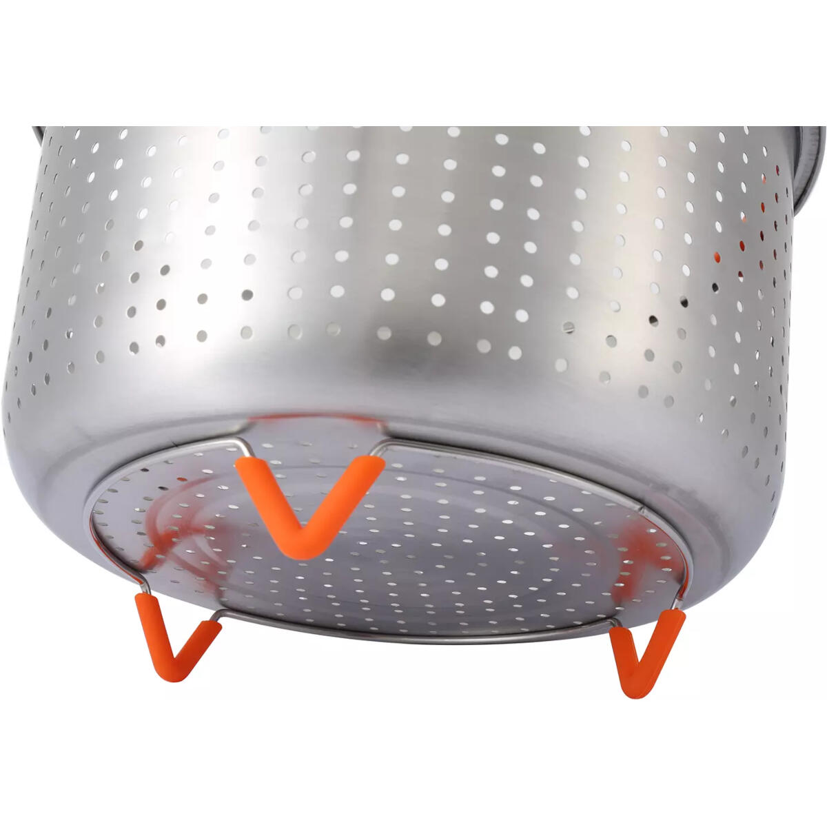 Close-up of a stainless steel steamer basket with numerous holes, a perforated base, and orange silicone handles.