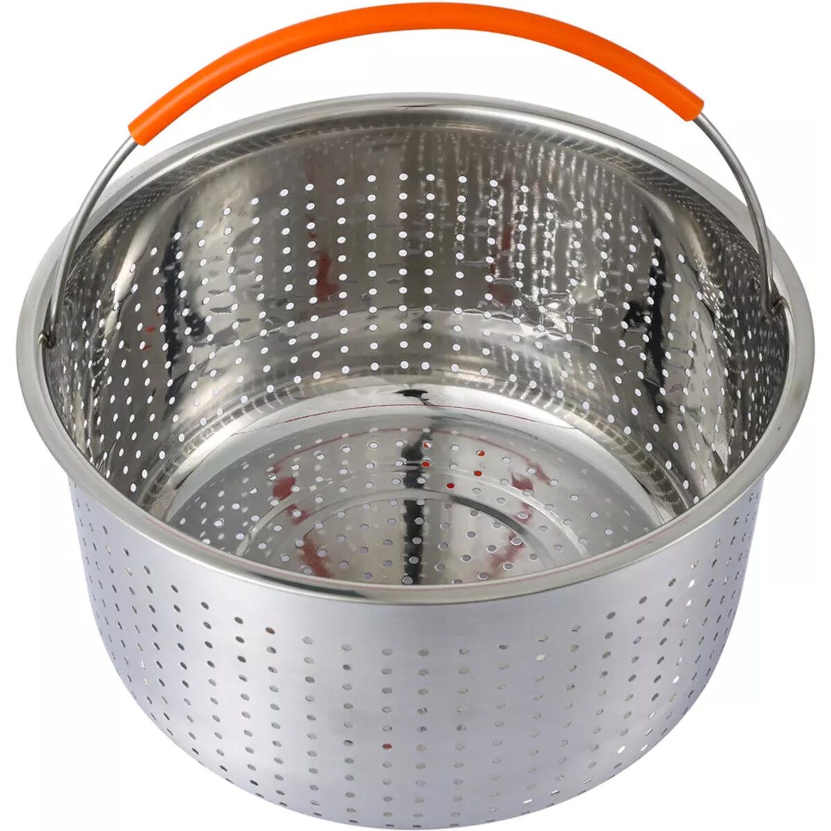 A stainless steel steamer basket with many holes. It has a handle with an orange grip. The basket is on a white background.