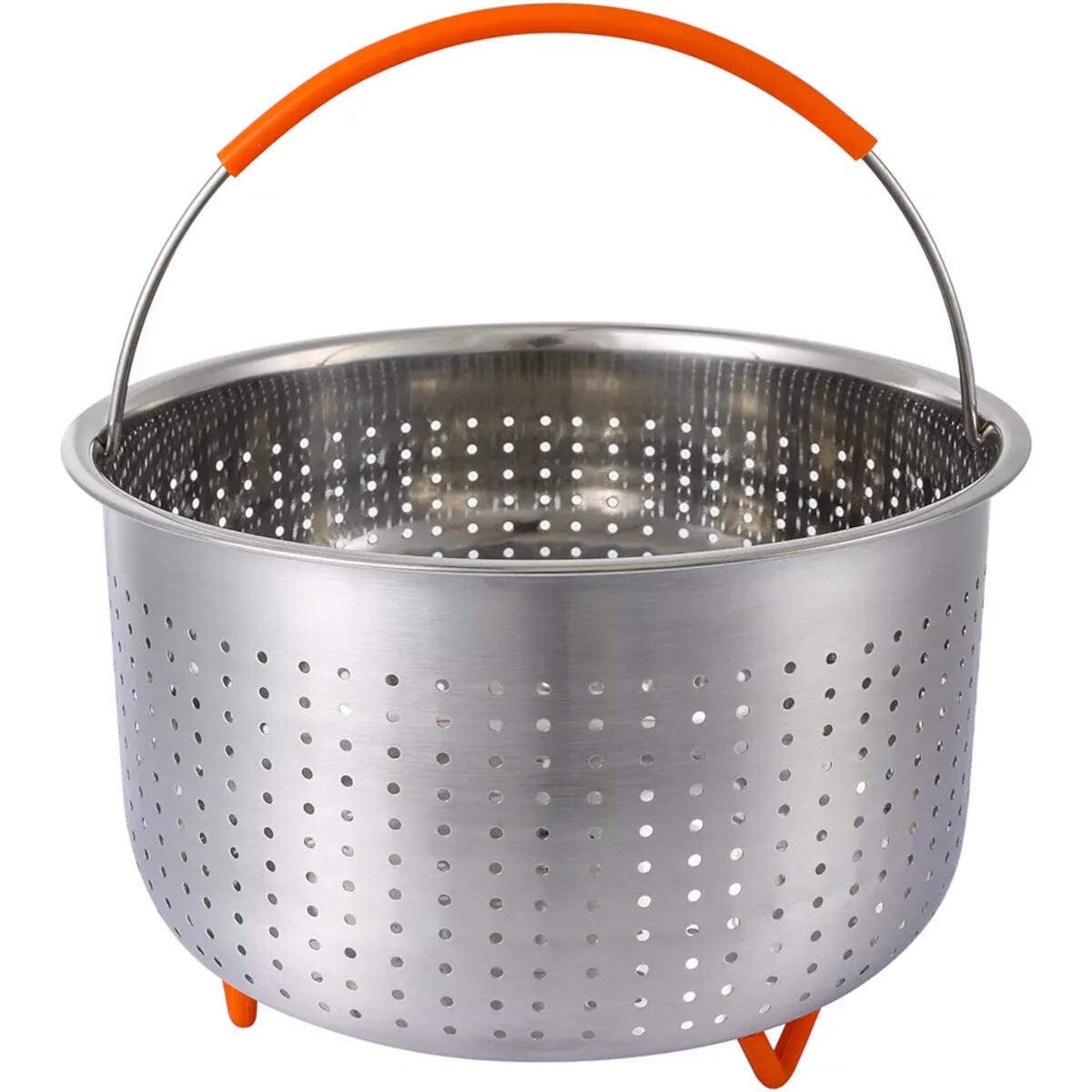 A stainless steel steamer basket with an orange handle and feet. It has many holes. The handle is arched.