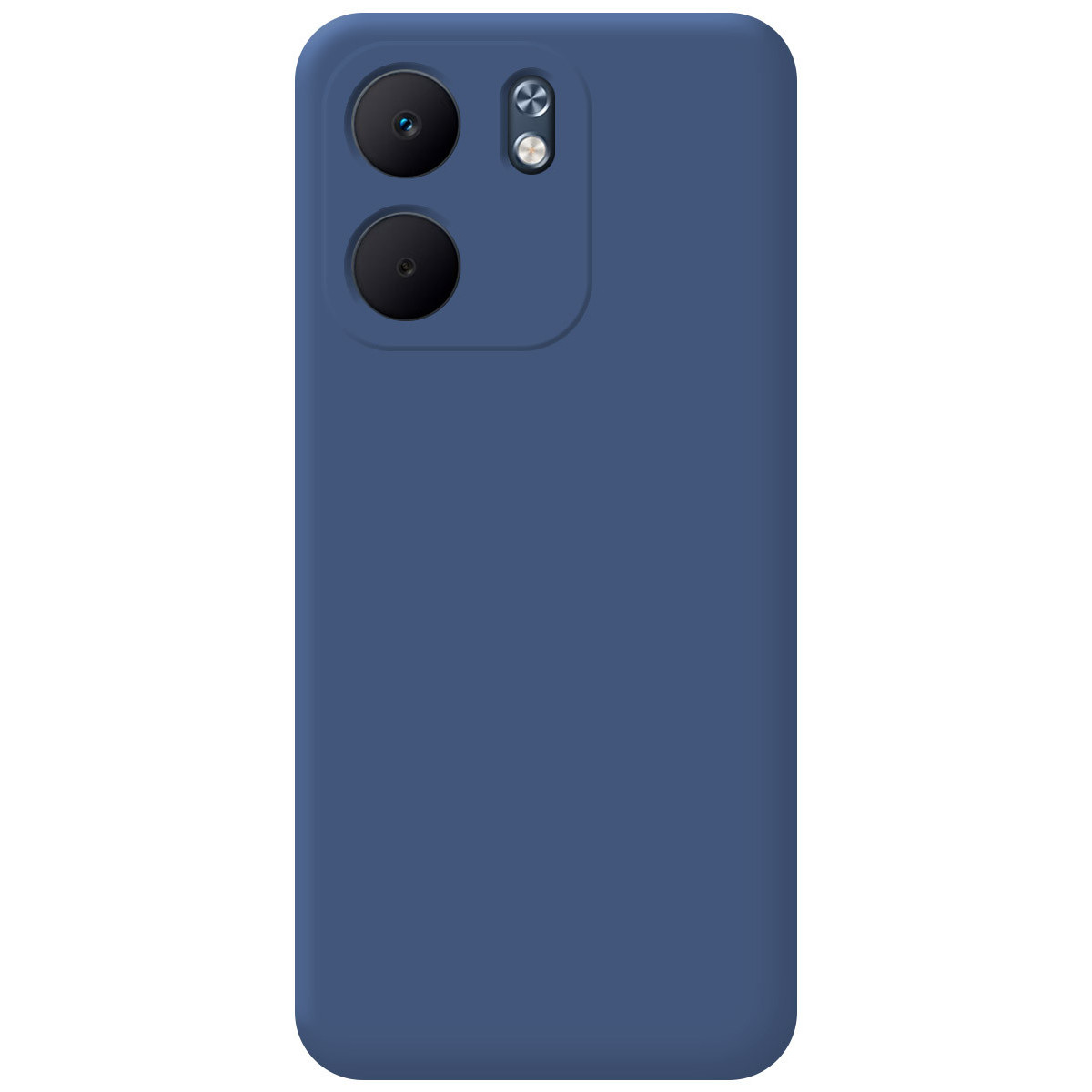 Una custodia blu navy per telefono. Ha due obiettivi per fotocamera e un flash. La custodia copre l'intero telefono con una finitura liscia.
