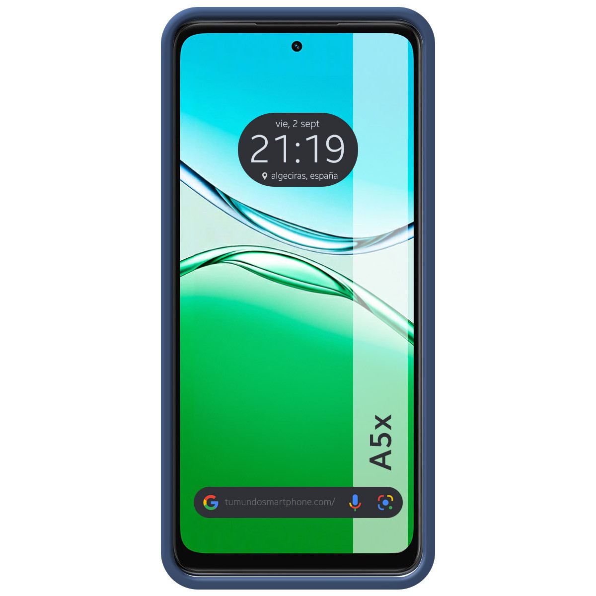 Uno smartphone con cornice blu mostra uno schermo con sfumatura verde e blu. L'ora è 21:19, località Algeciras, Spagna.