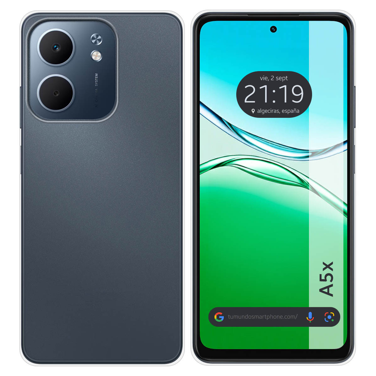 Uno smartphone con retro verde acqua e schermo che mostra ora, data e posizione. Il telefono ha un bordo bianco.