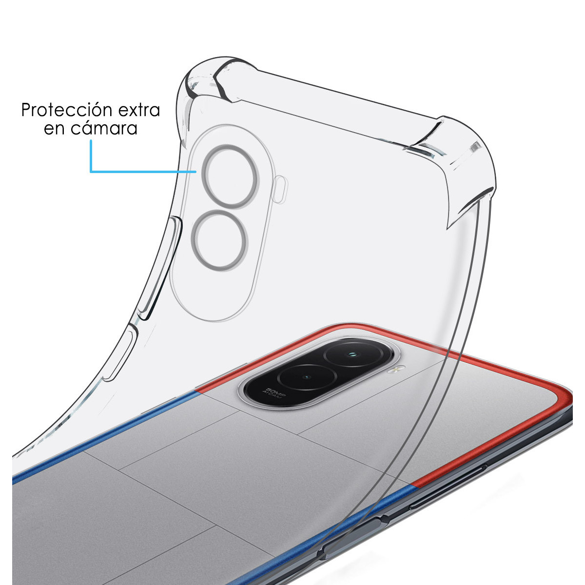 Una custodia trasparente per telefono sopra un telefono. La custodia protegge la fotocamera. Il telefono ha un bordo rosso e blu.