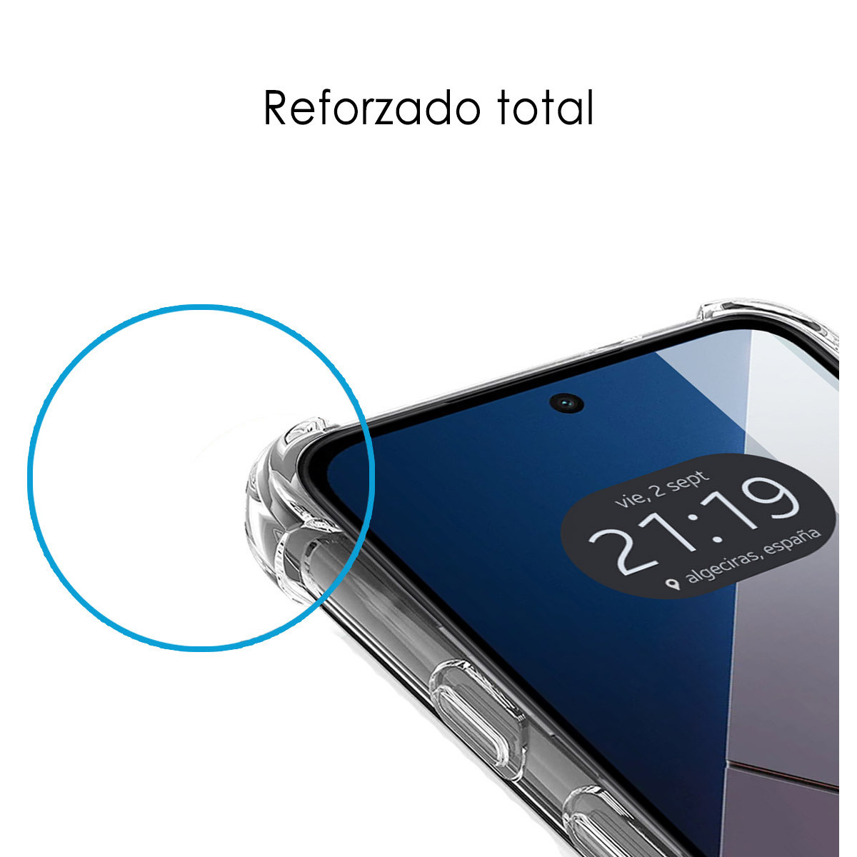 Uno schermo di smartphone mostra le 21:19 del 2 settembre ad Algeciras, Spagna. È visibile una custodia trasparente per telefono.
