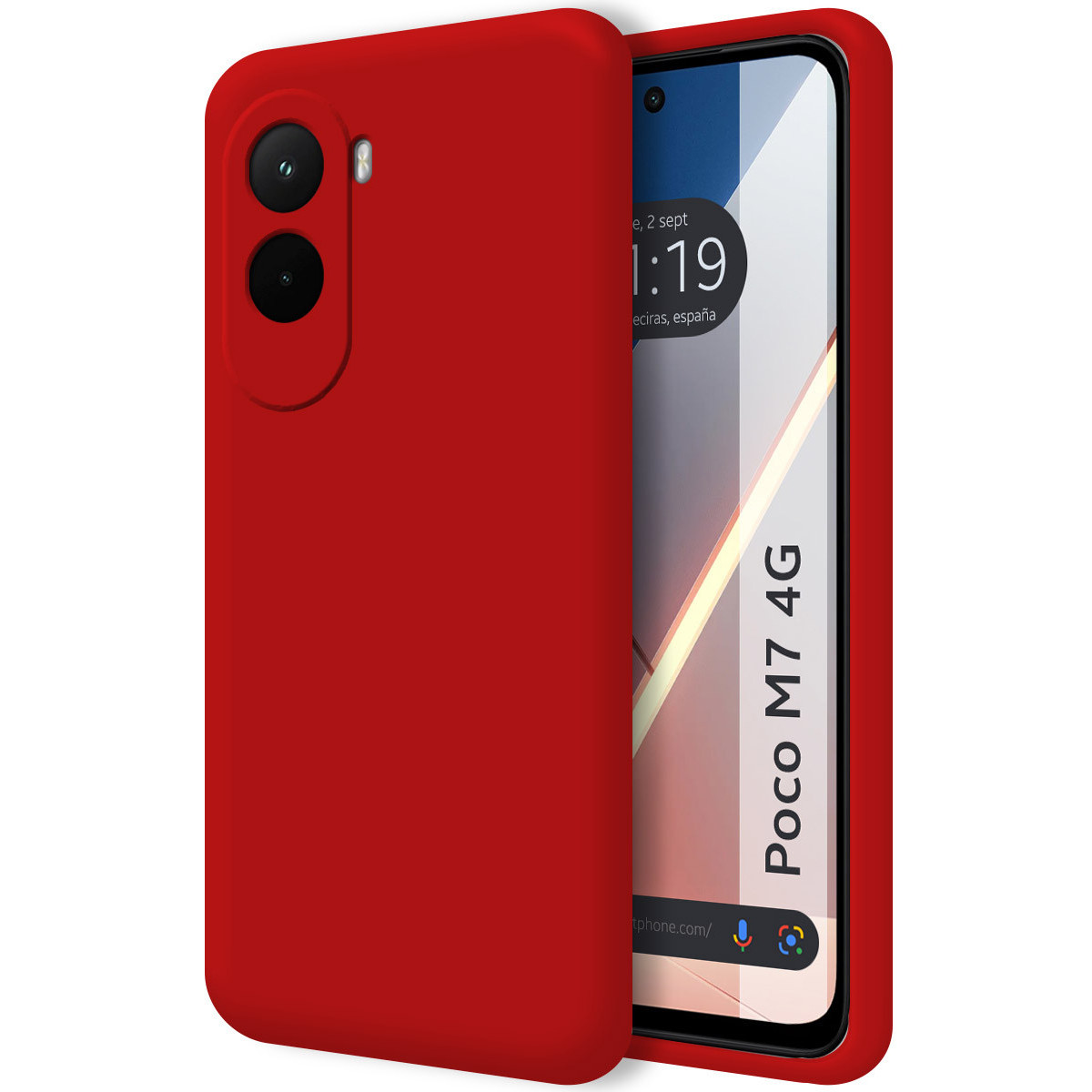 Custodia rossa che copre uno smartphone. Lo schermo mostra l'ora e il logo Poco M7 4G.