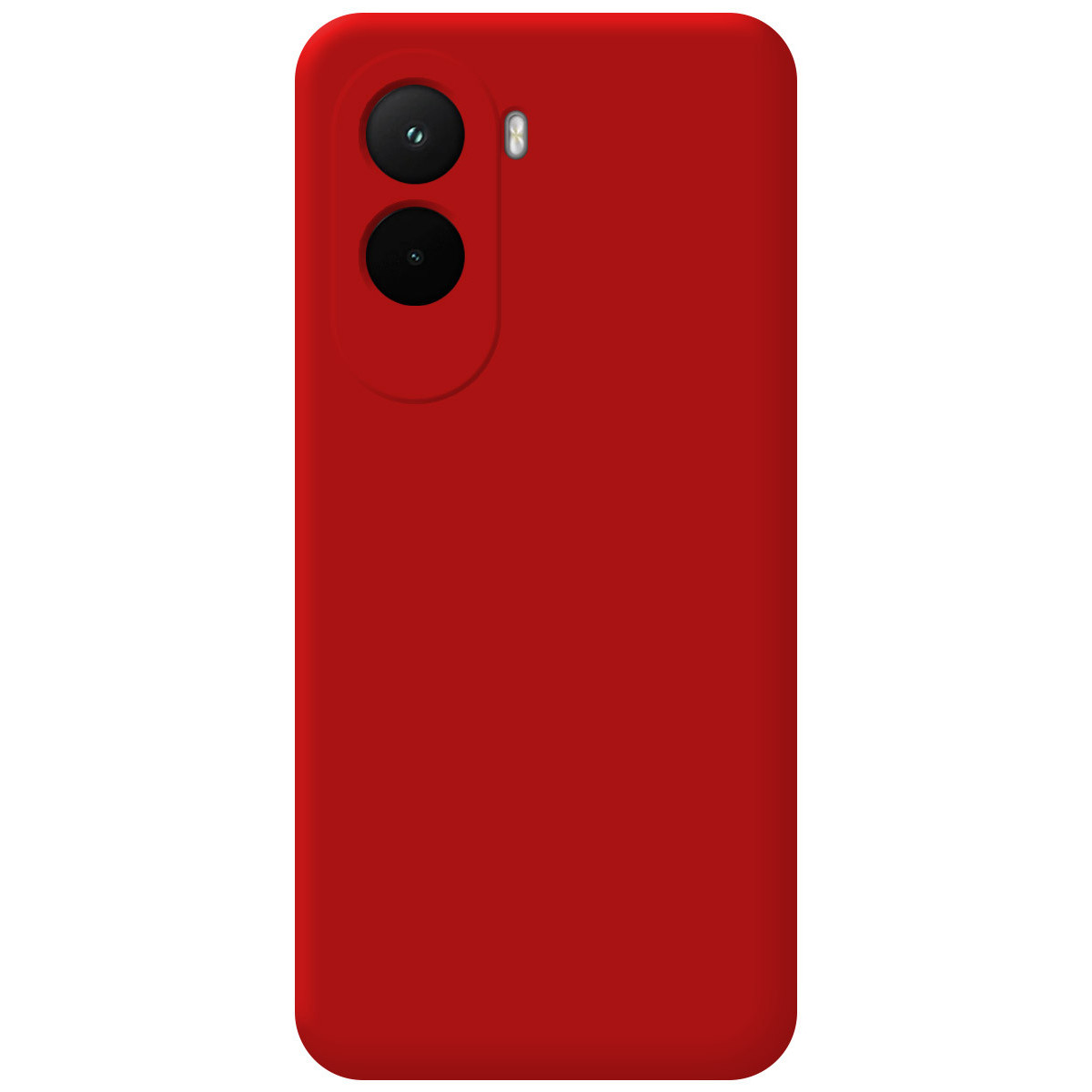 Custodia rossa per telefono con modulo fotocamera. Sono visibili due obiettivi circolari e un flash.