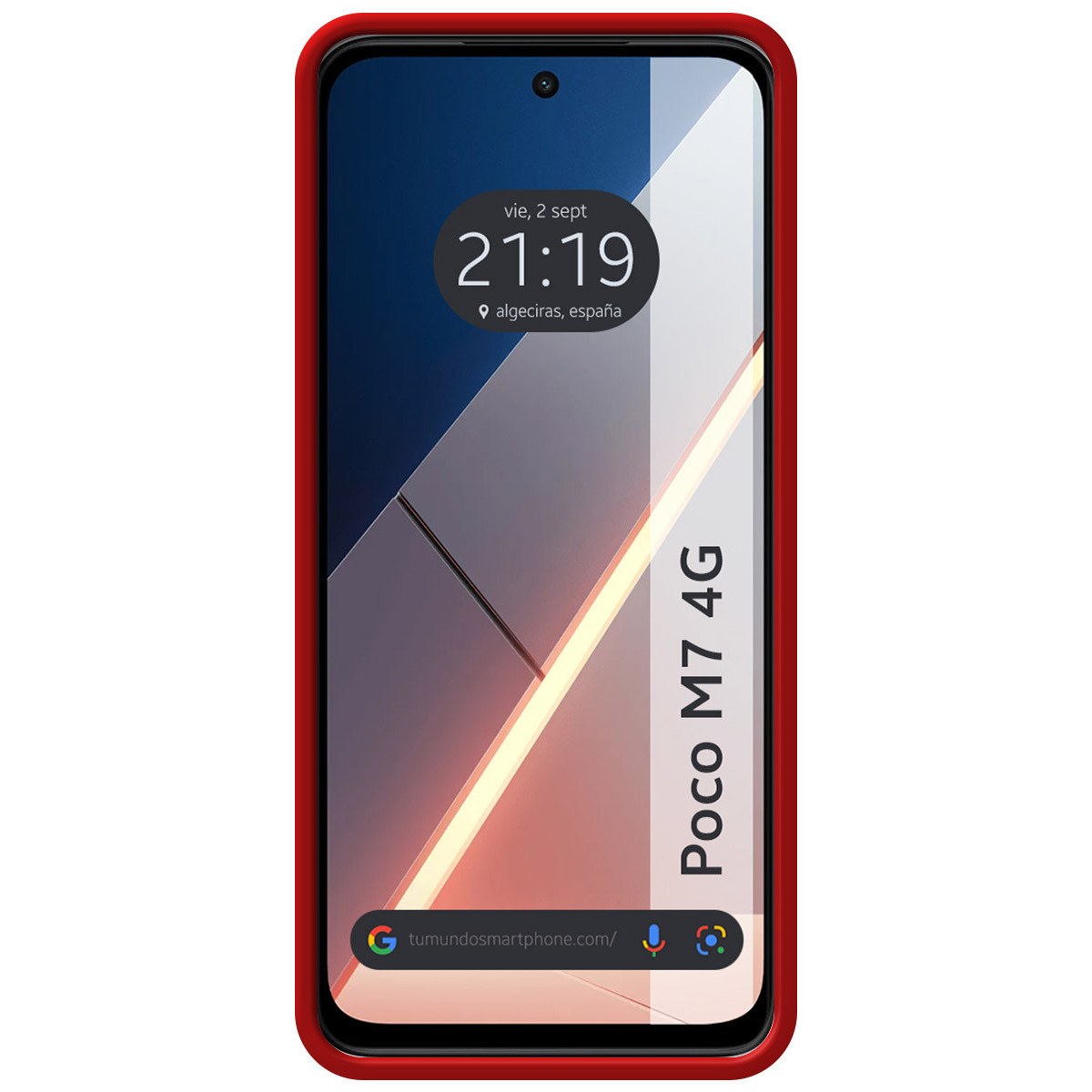 Uno smartphone Poco M7 4G con cornice rossa mostra l'ora: 21:19, luogo: Algeciras, Spagna. Un indirizzo web in basso.