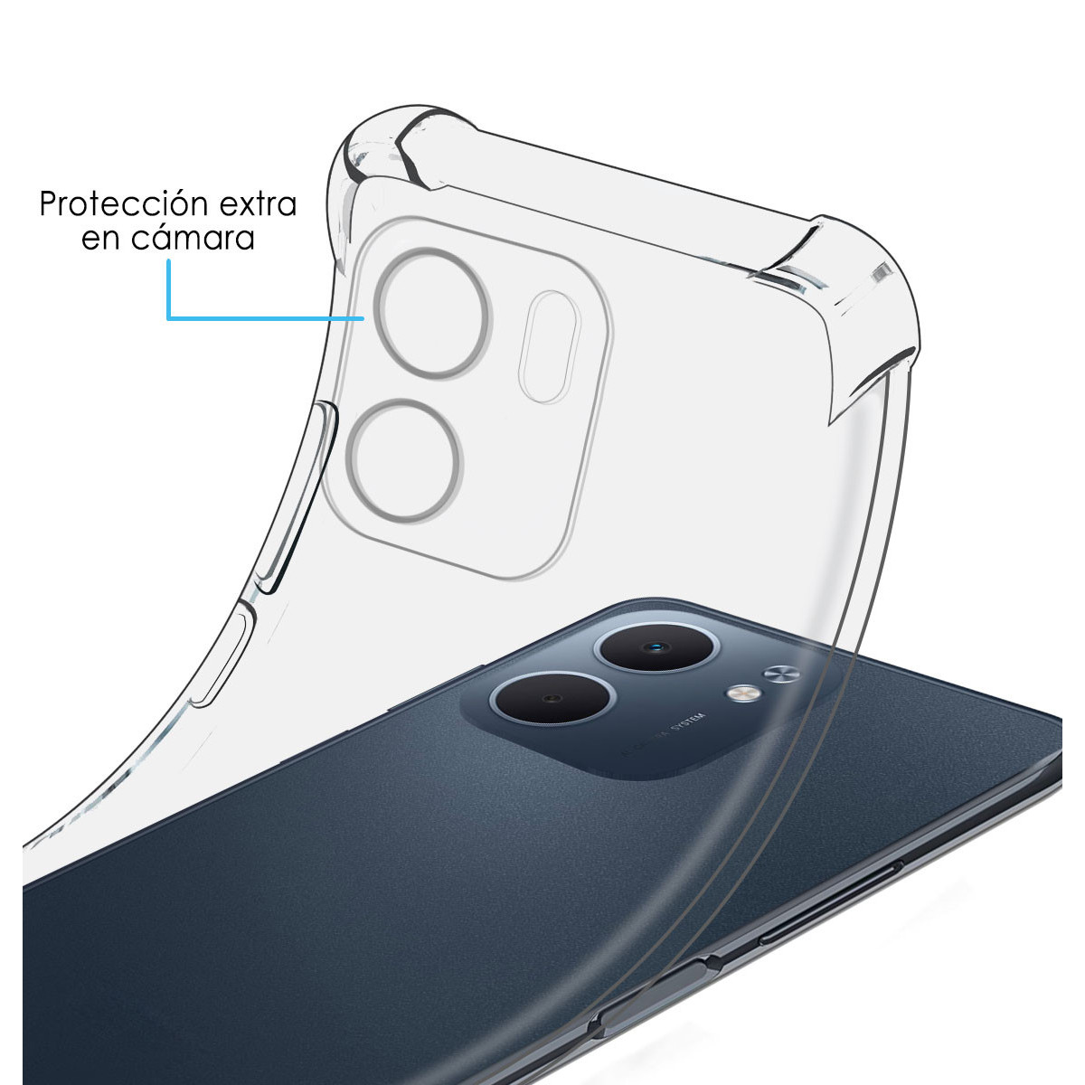 Un telefono con una custodia protettiva trasparente. Il telefono è blu scuro e la custodia copre l'area della fotocamera.