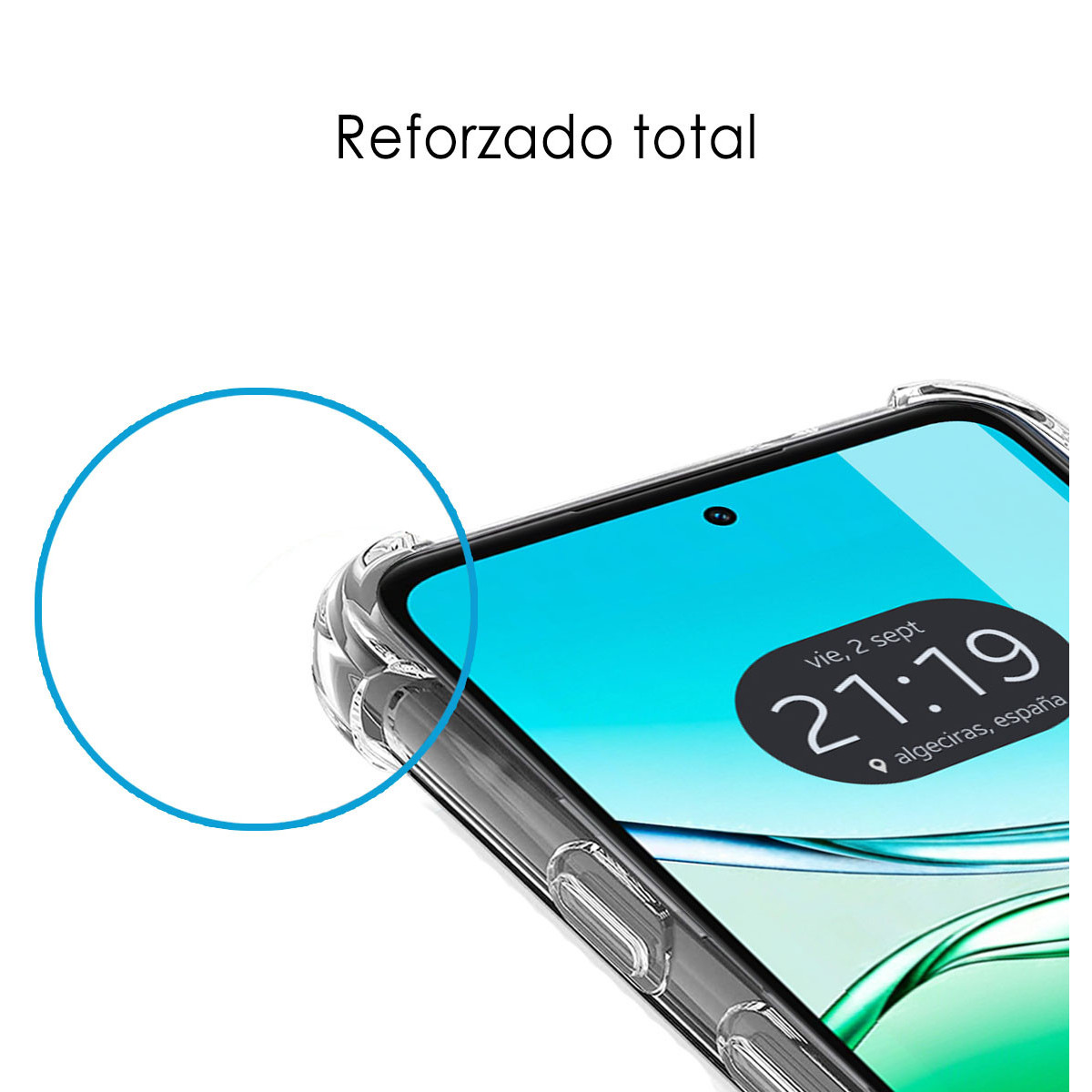 Lo schermo del telefono mostra le 21:19 del 2 sett. ad Algeciras, Spagna. Visibile una cover trasparente. In alto la scritta 'Reforzado total'.