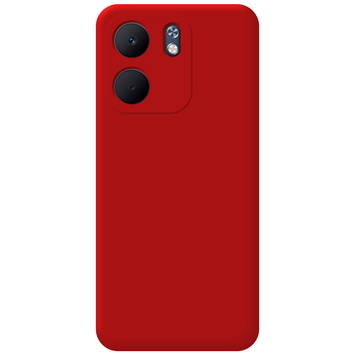 Una custodia rossa per telefono con due obiettivi e un flash. La custodia ha angoli arrotondati e una superficie liscia.