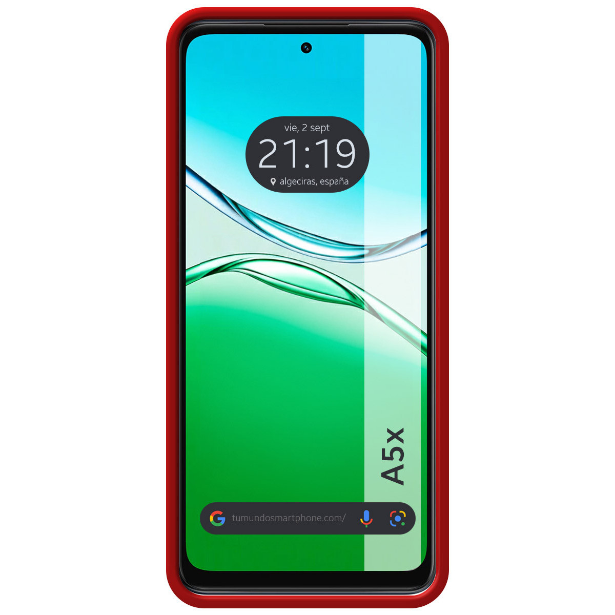 Uno smartphone con custodia rossa mostra un orologio che indica le 21:19 e uno sfondo verde e blu.