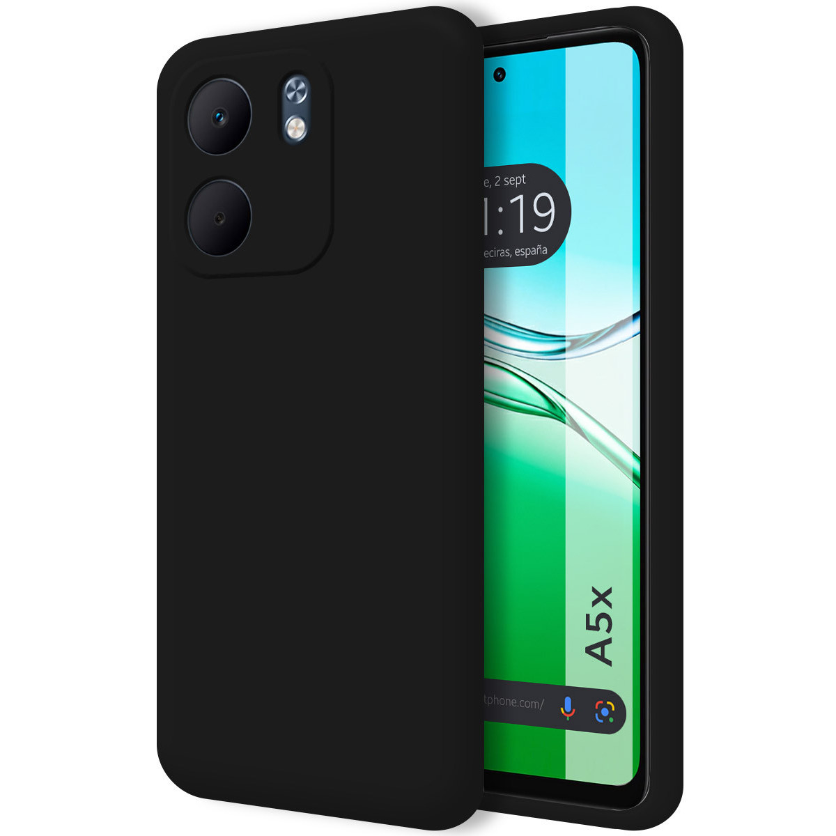 Un telefono nero in una custodia nera. Lo schermo mostra l'ora, la data e uno sfondo verde. Il telefono è A5x.