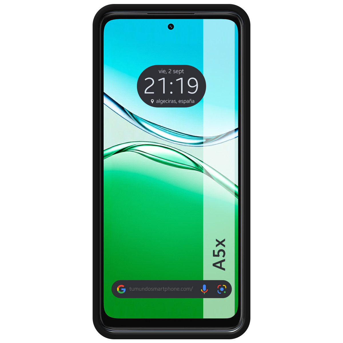 Schermo di smartphone con ora, data e posizione. Sfondo sfumato verde e blu. Cornice nera. Il telefono è un modello A5x.