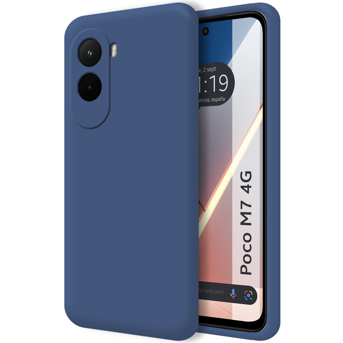 Una custodia blu per telefono copre parzialmente un telefono che mostra l'ora e 'Poco M7 4G'. La custodia ha ritagli per la fotocamera.